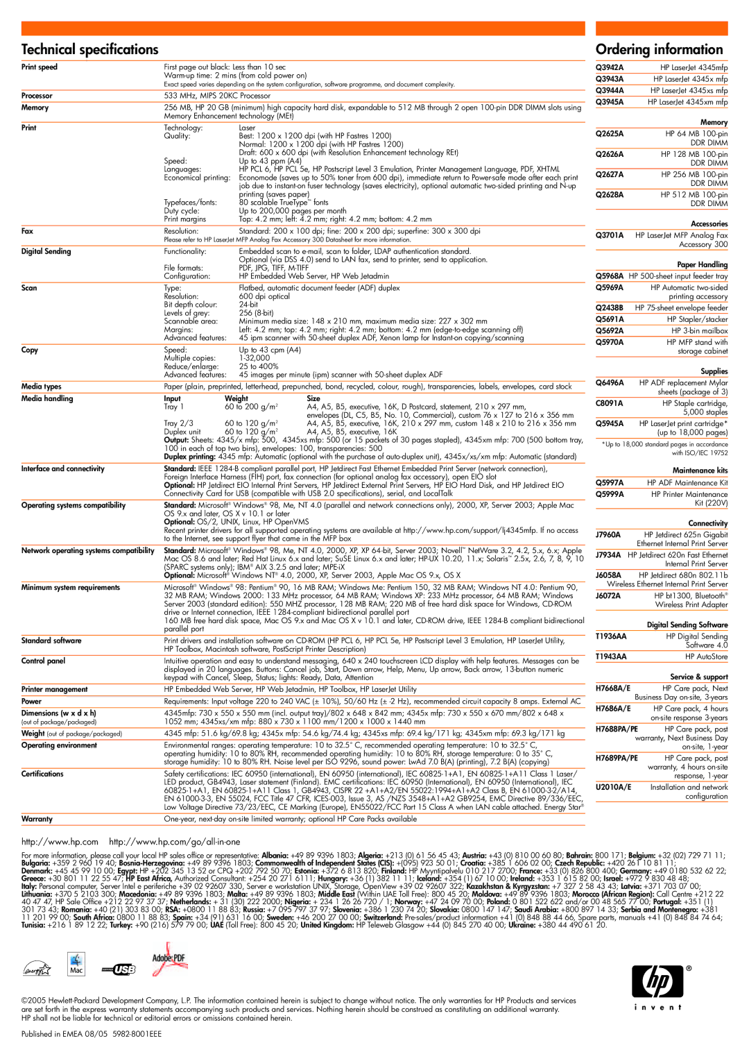 HP 4345mfp manual Technical specifications 