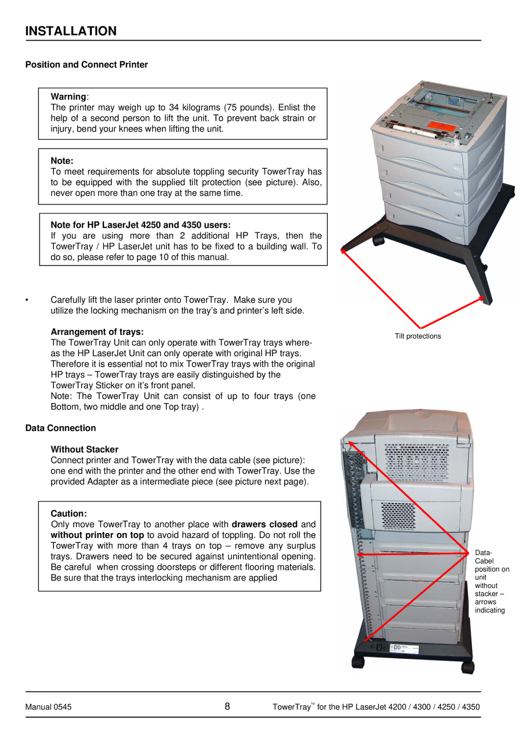 HP 4350 manual Position and Connect Printer, Arrangement of trays, Data Connection Without Stacker 