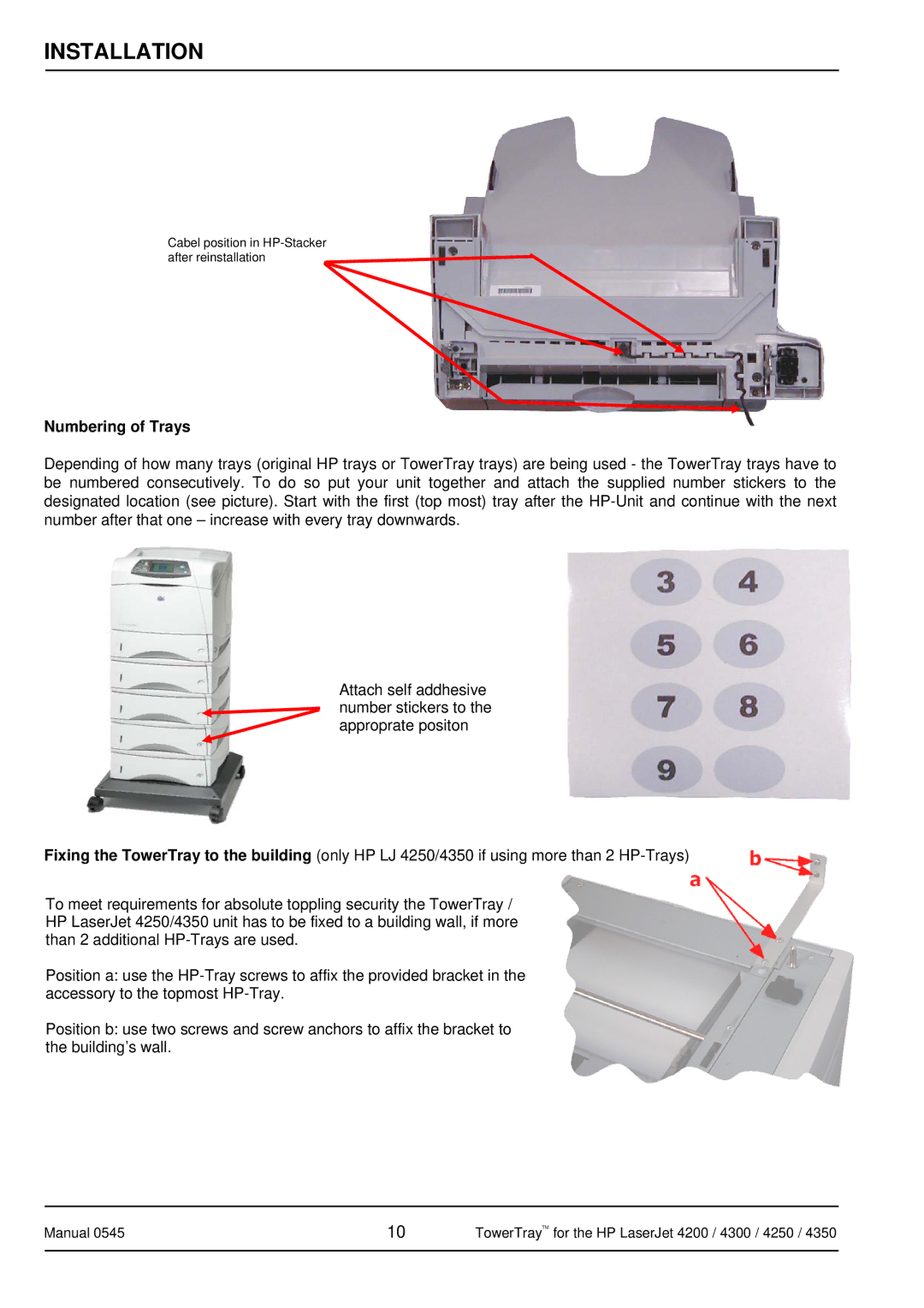 HP 4350 manual Numbering of Trays 