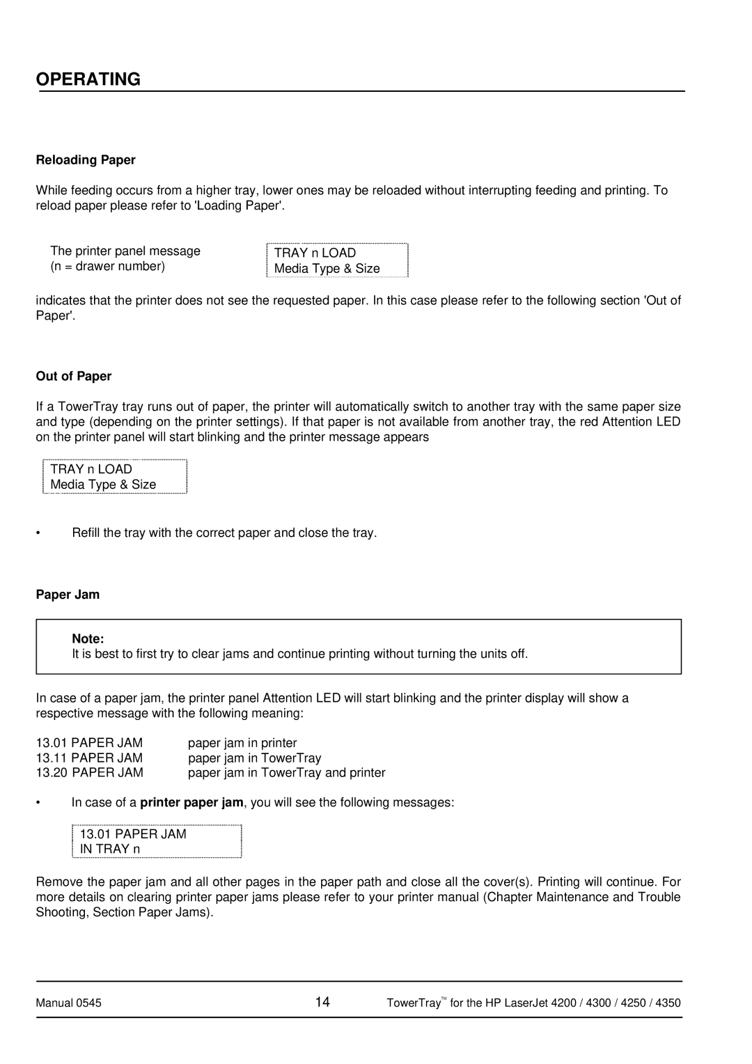 HP 4350 manual Reloading Paper, Out of Paper, Paper Jam 