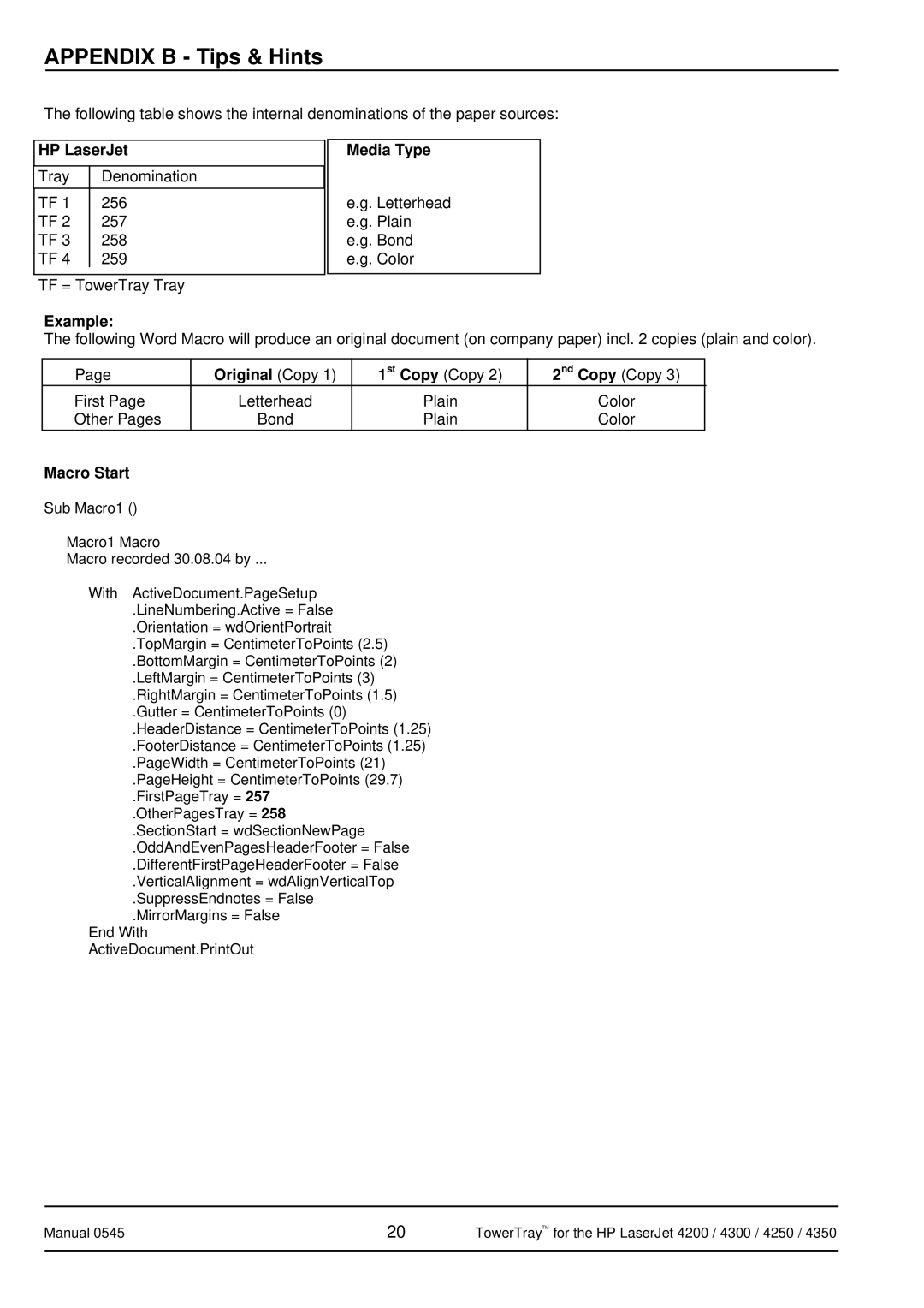 HP 4350 manual HP LaserJet, Media Type, Example, Original Copy, Macro Start 