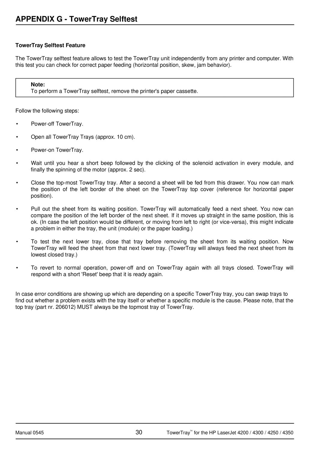 HP 4350 manual Appendix G TowerTray Selftest, TowerTray Selftest Feature 