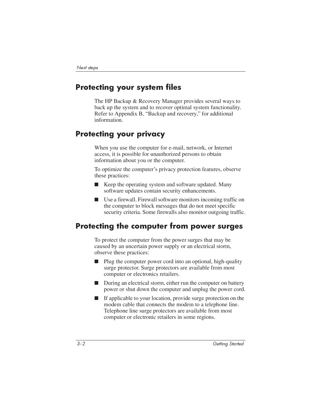 HP 435816-001 manual Protecting your system files, Protecting your privacy, Protecting the computer from power surges 