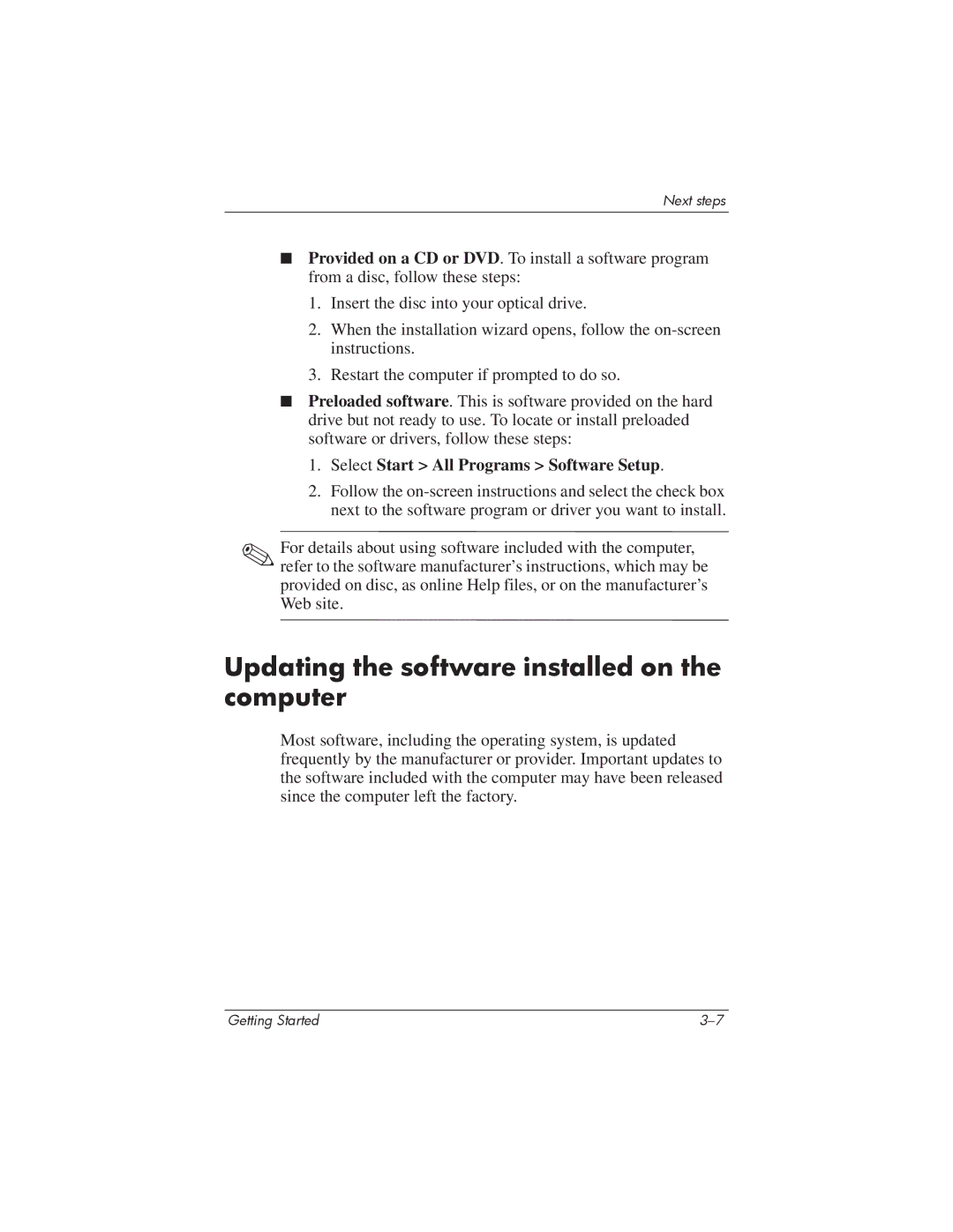 HP 435816-001 manual Updating the software installed on the computer, Select Start All Programs Software Setup 