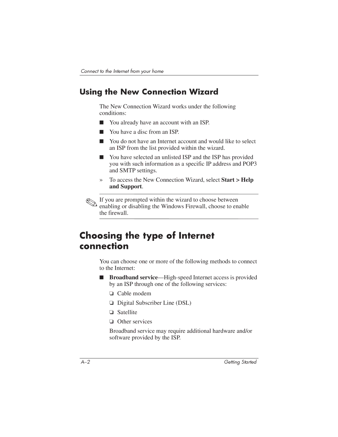 HP 435816-001 manual Choosing the type of Internet connection, Using the New Connection Wizard 