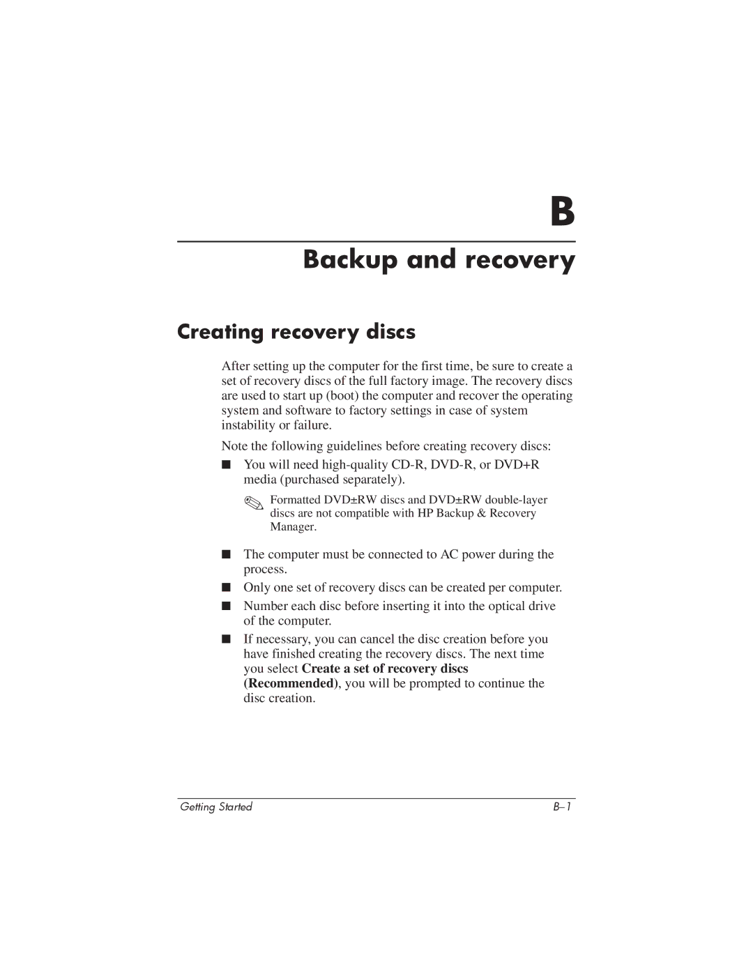 HP 435816-001 manual Backup and recovery, Creating recovery discs 