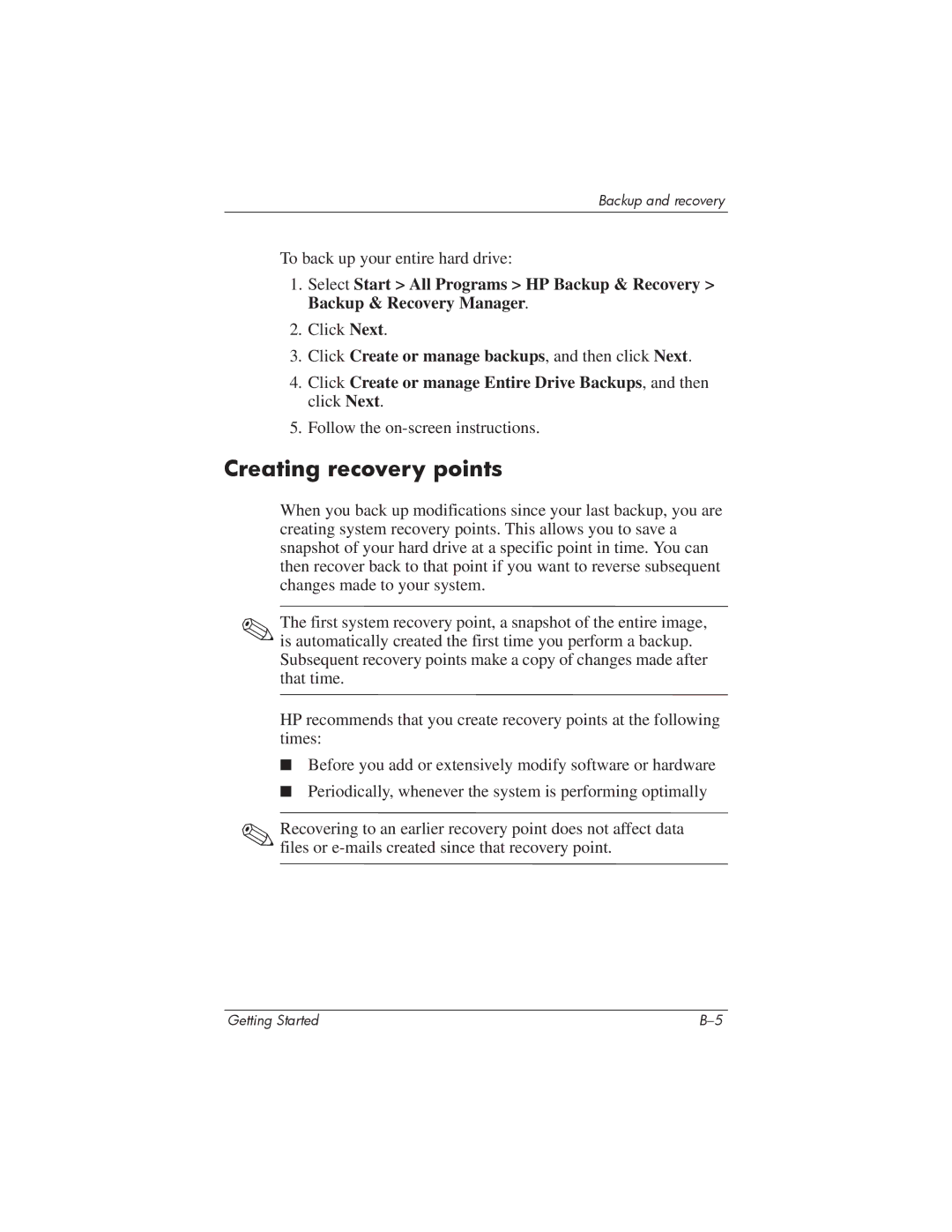 HP 435816-001 manual Creating recovery points 