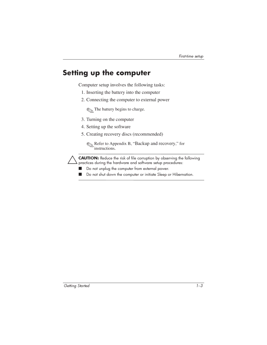 HP 435816-001 manual Setting up the computer, Refer to Appendix B, Backup and recovery, for instructions 