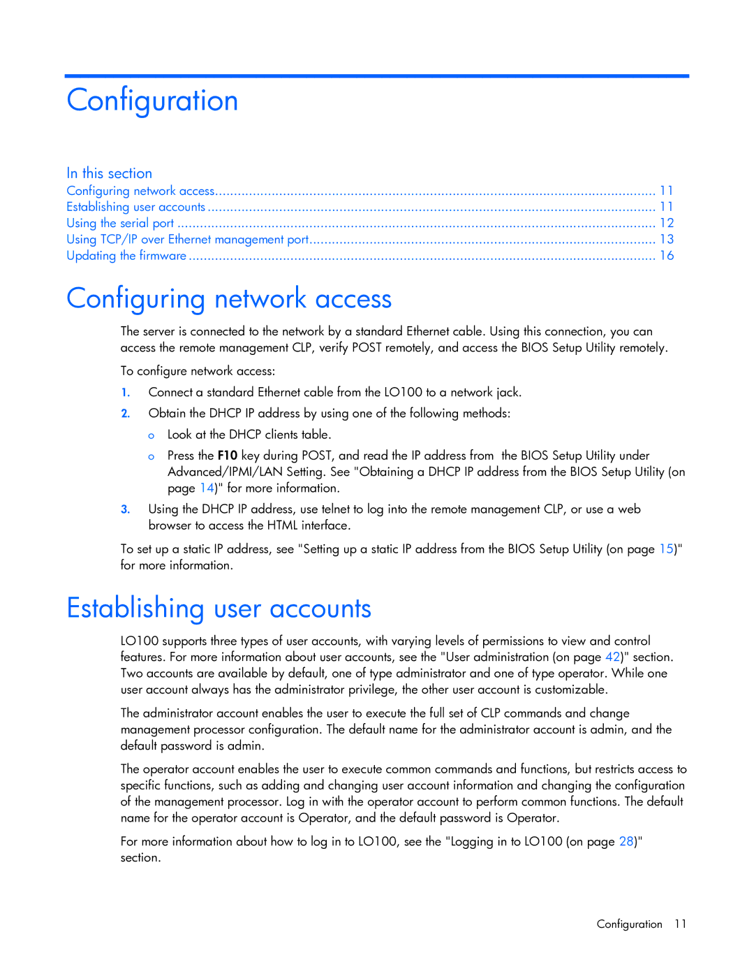 HP 436853-001 manual Configuration, Configuring network access, Establishing user accounts 