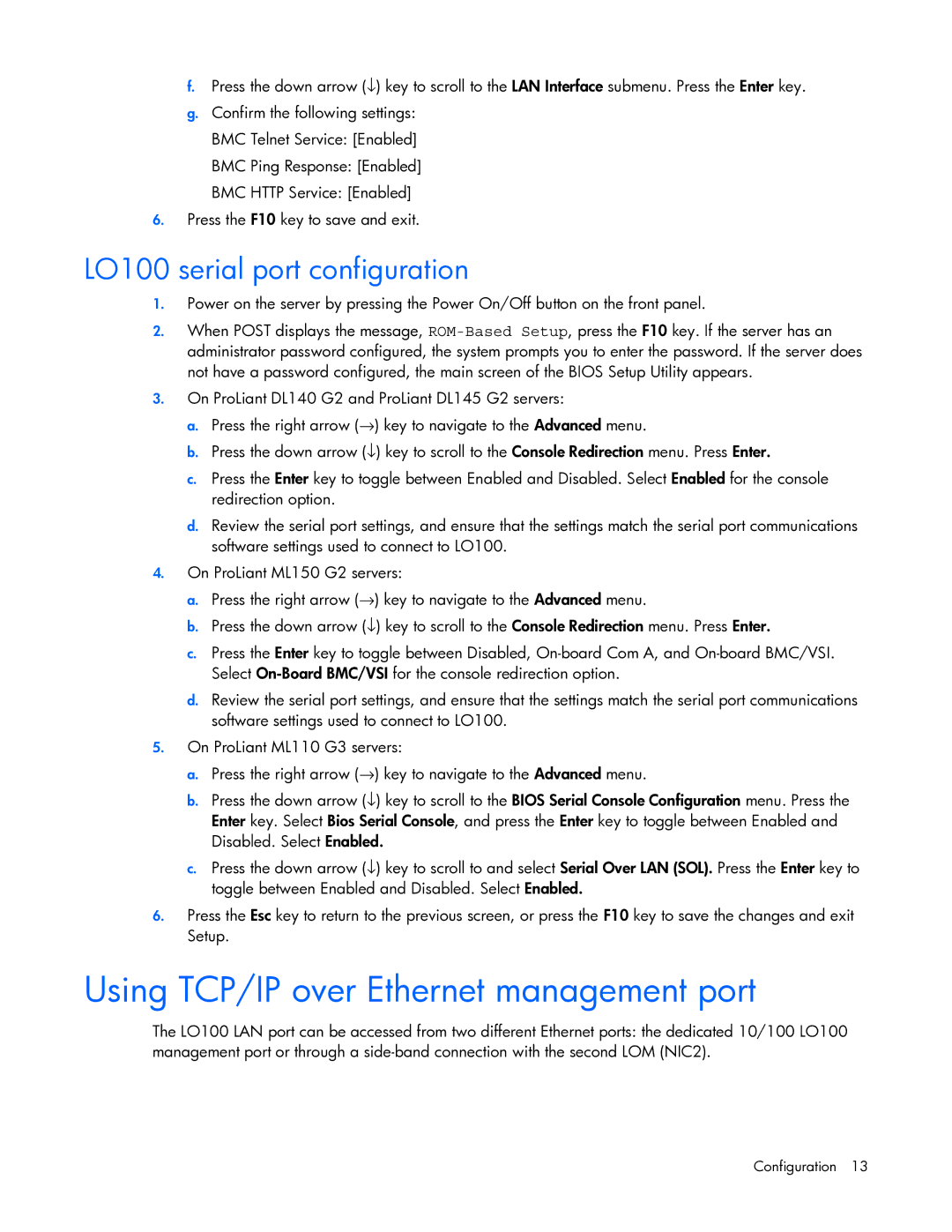 HP 436853-001 manual Using TCP/IP over Ethernet management port, LO100 serial port configuration 