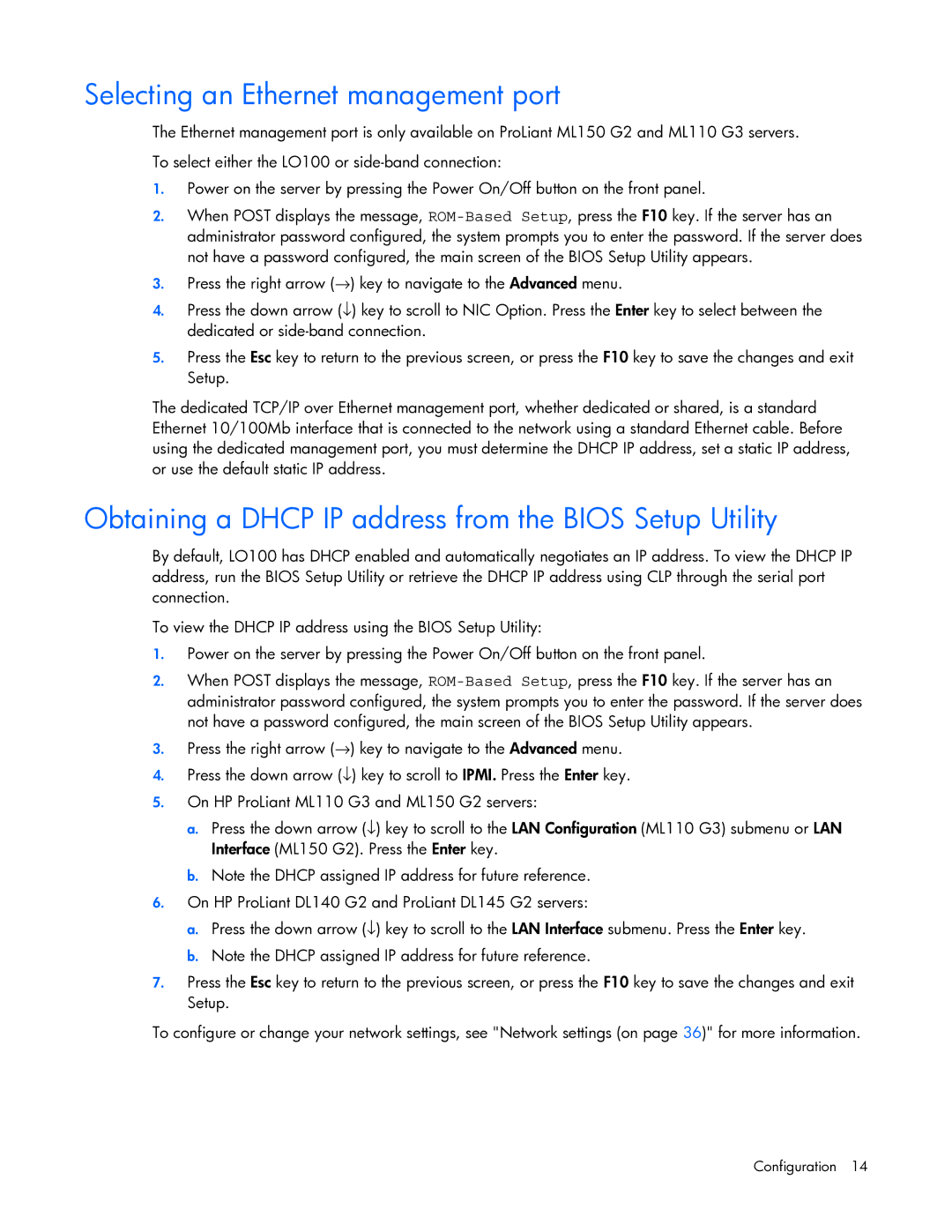 HP 436853-001 manual Selecting an Ethernet management port, Obtaining a Dhcp IP address from the Bios Setup Utility 