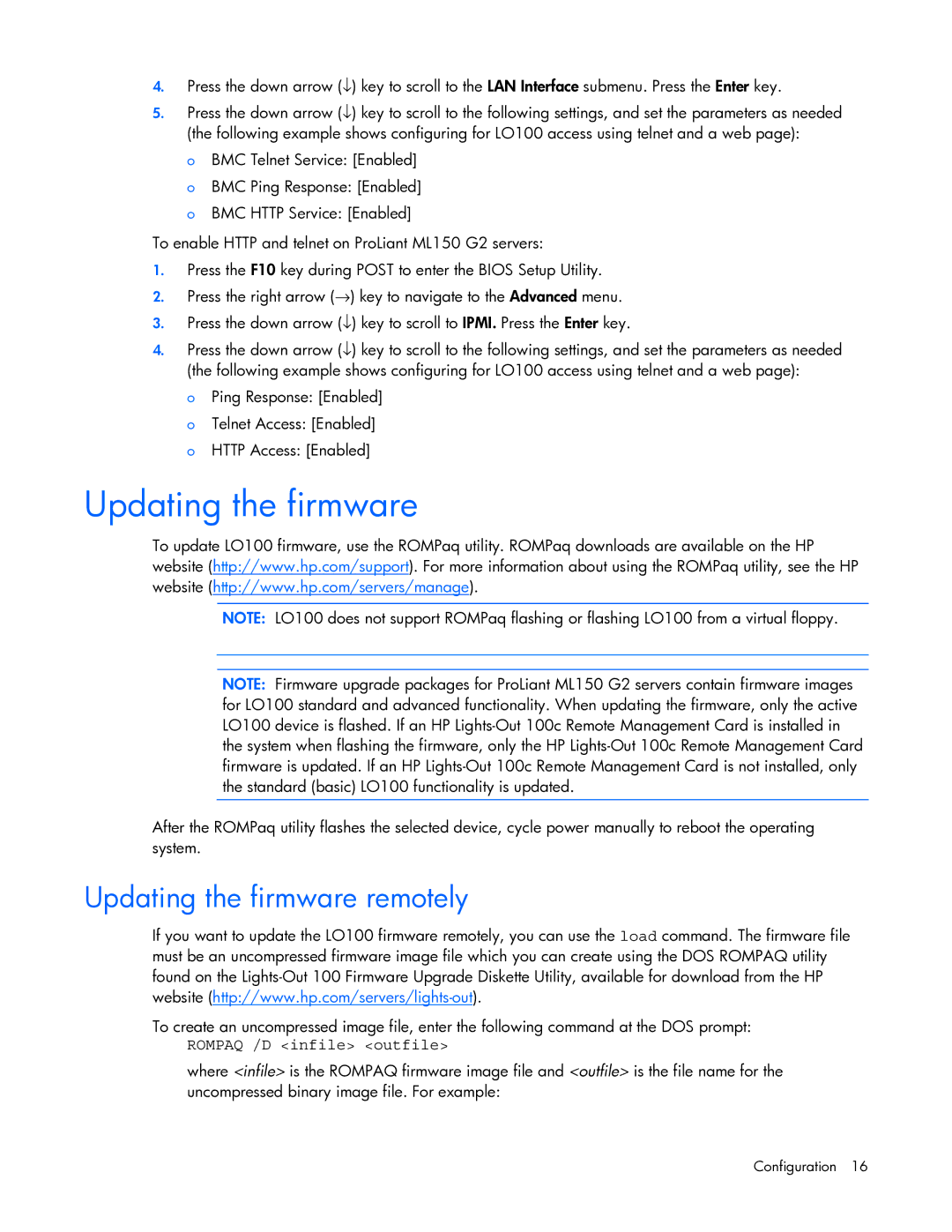 HP 436853-001 manual Updating the firmware remotely, Rompaq /D infile outfile 