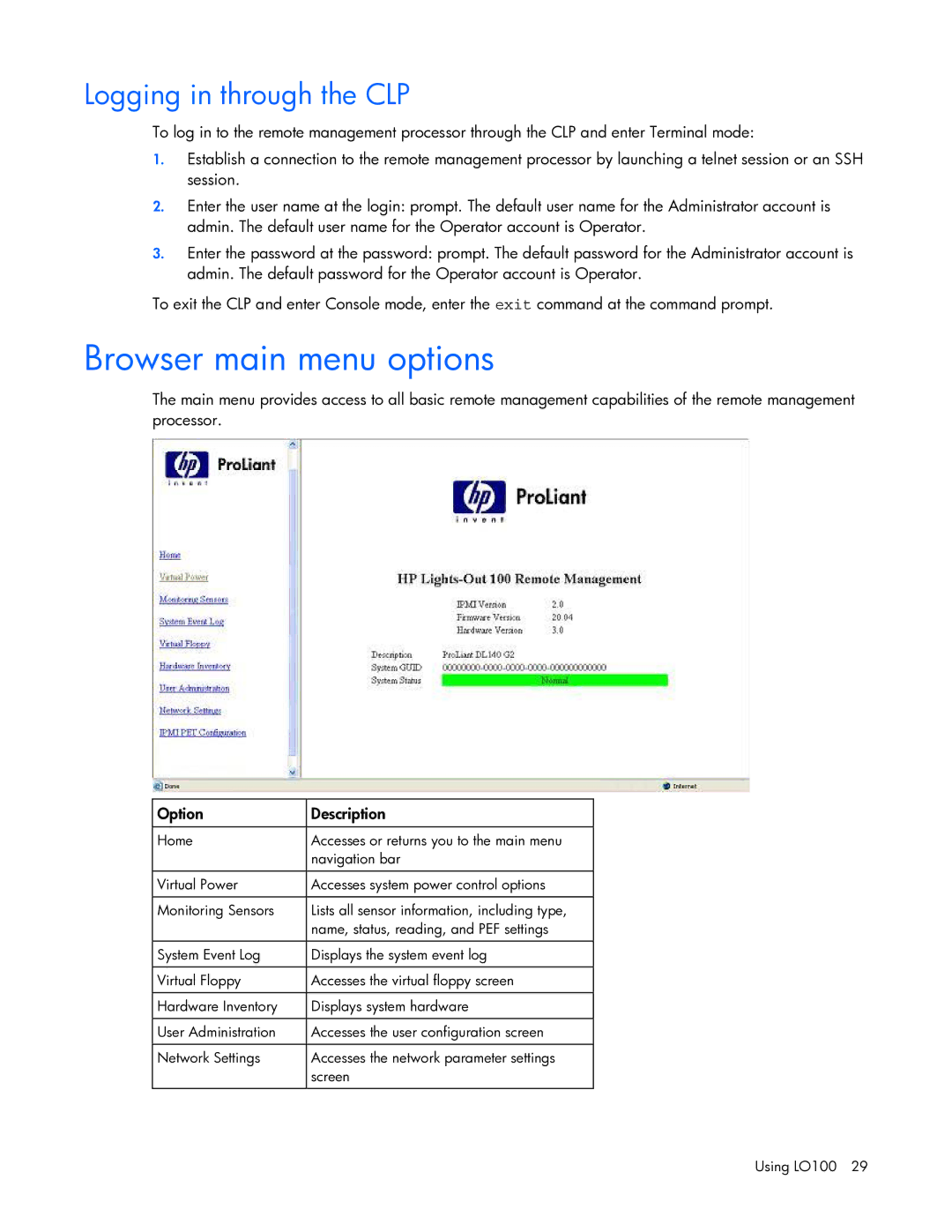 HP 436853-001 manual Browser main menu options, Logging in through the CLP 