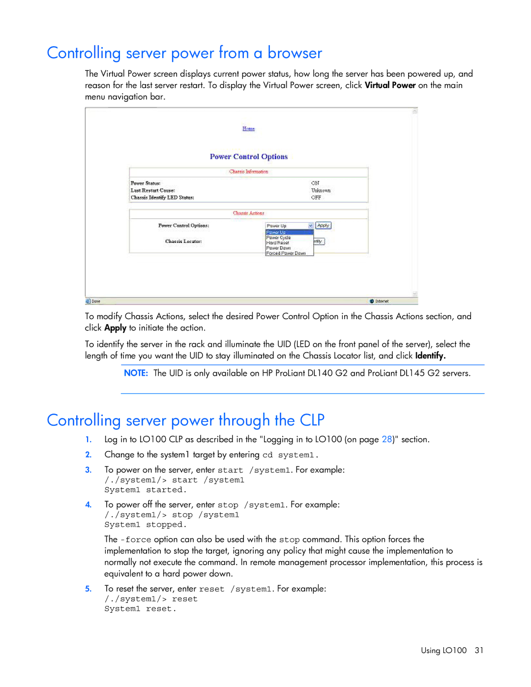 HP 436853-001 manual Controlling server power from a browser, Controlling server power through the CLP 