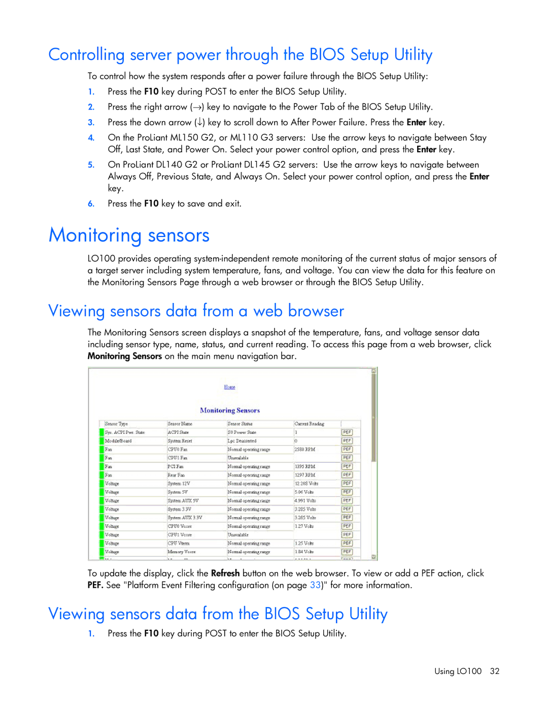 HP 436853-001 manual Monitoring sensors, Controlling server power through the Bios Setup Utility 