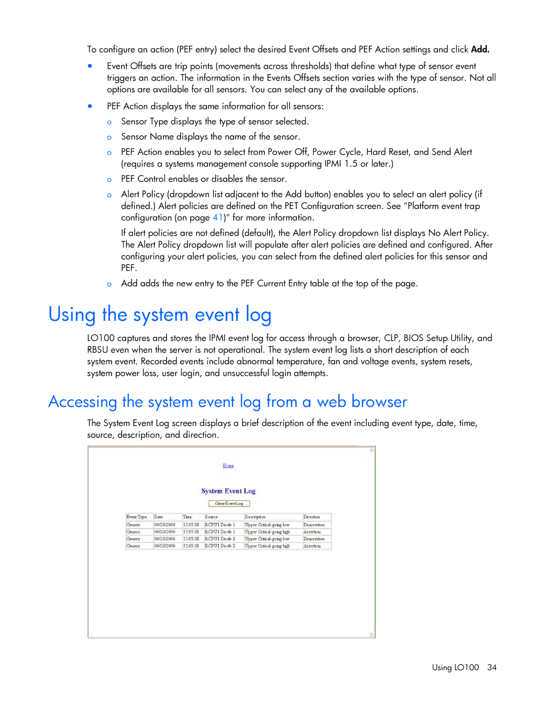 HP 436853-001 manual Using the system event log, Accessing the system event log from a web browser 