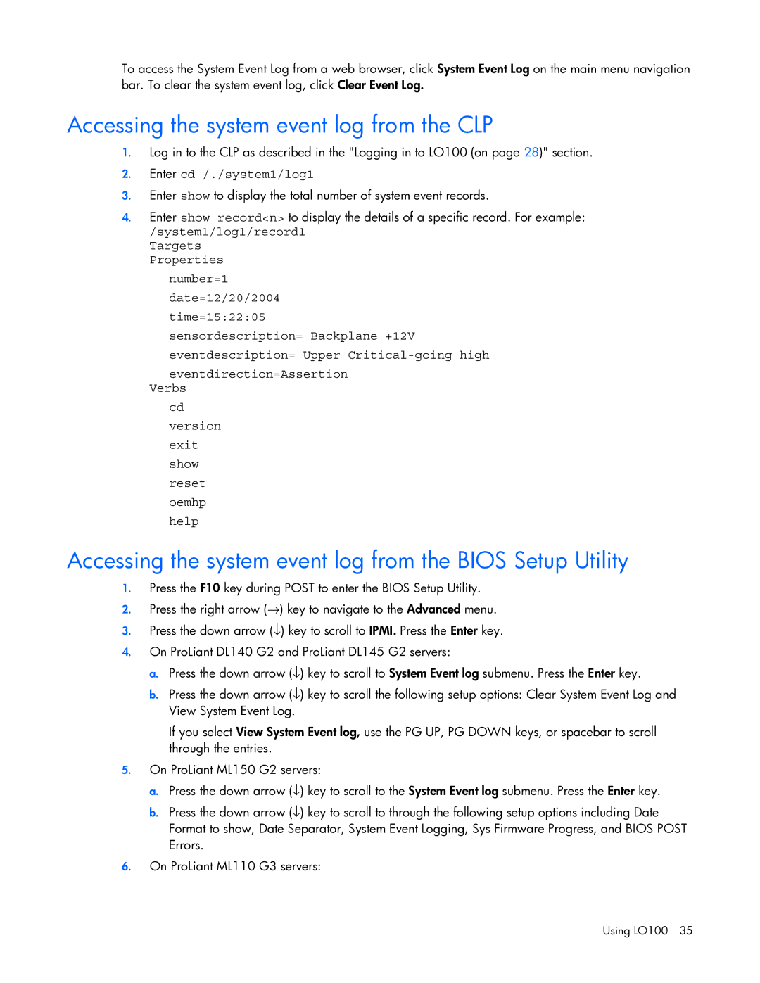 HP 436853-001 Accessing the system event log from the CLP, Accessing the system event log from the Bios Setup Utility 