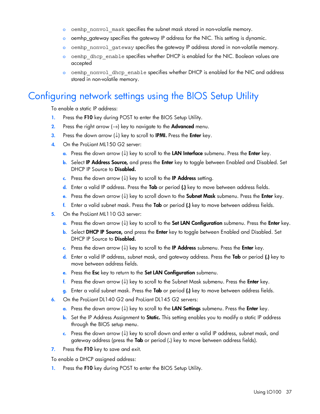 HP 436853-001 manual Configuring network settings using the Bios Setup Utility 