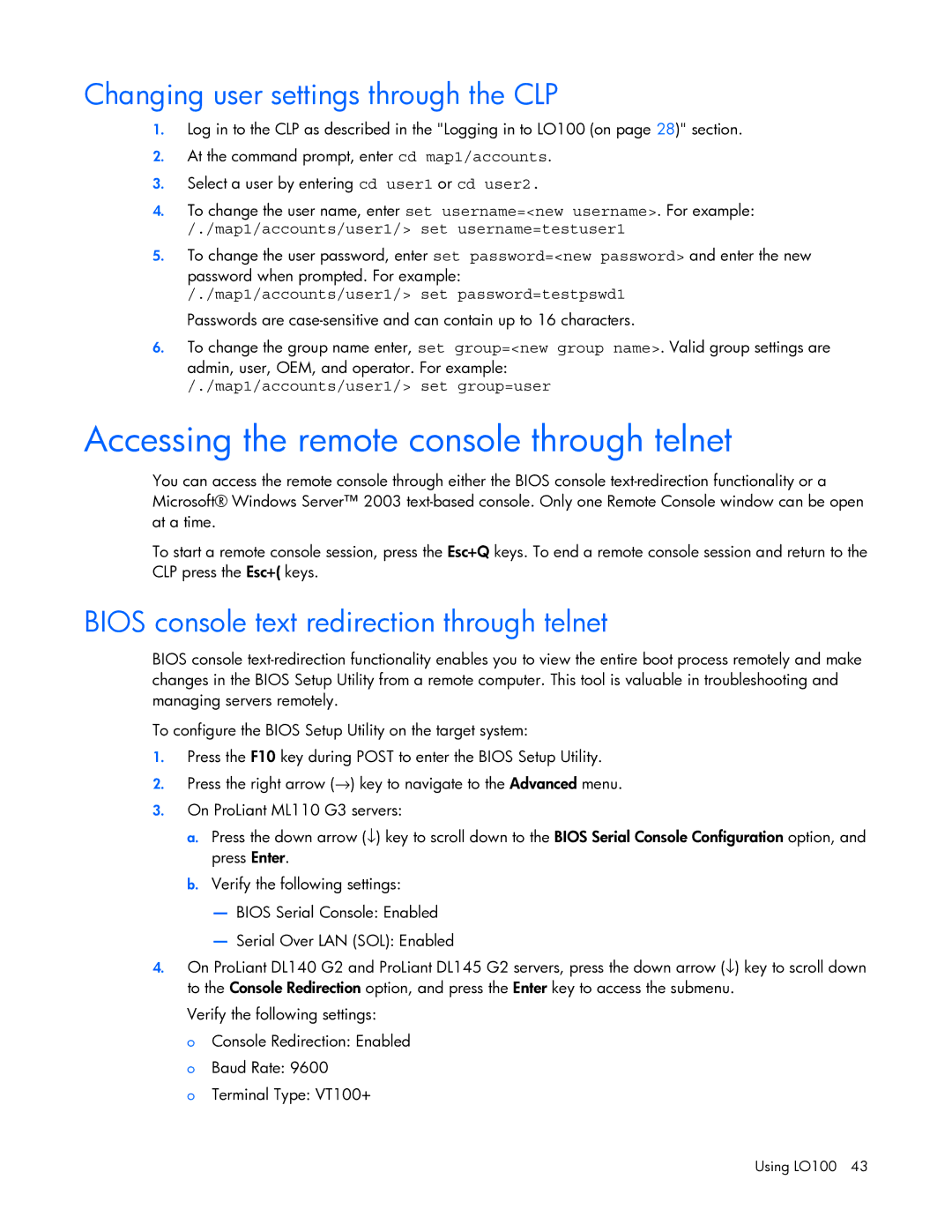 HP 436853-001 manual Accessing the remote console through telnet, Changing user settings through the CLP 