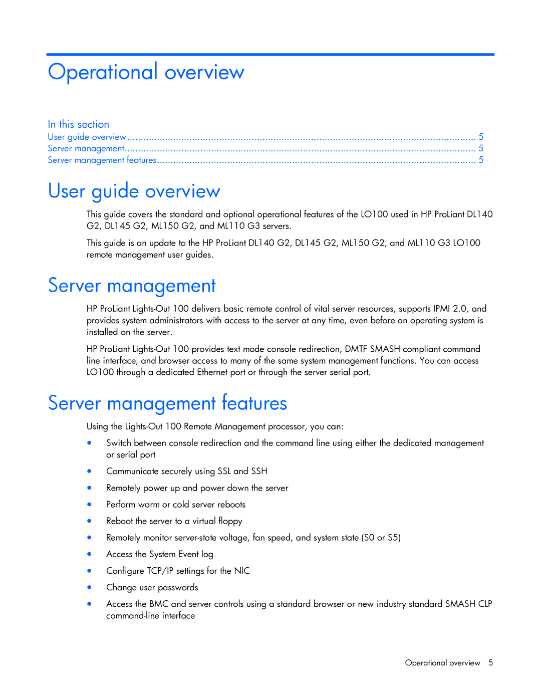 HP 436853-001 manual Operational overview, User guide overview, Server management features 