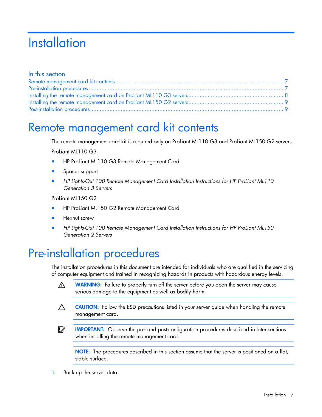 HP 436853-001 manual Installation, Remote management card kit contents, Pre-installation procedures 