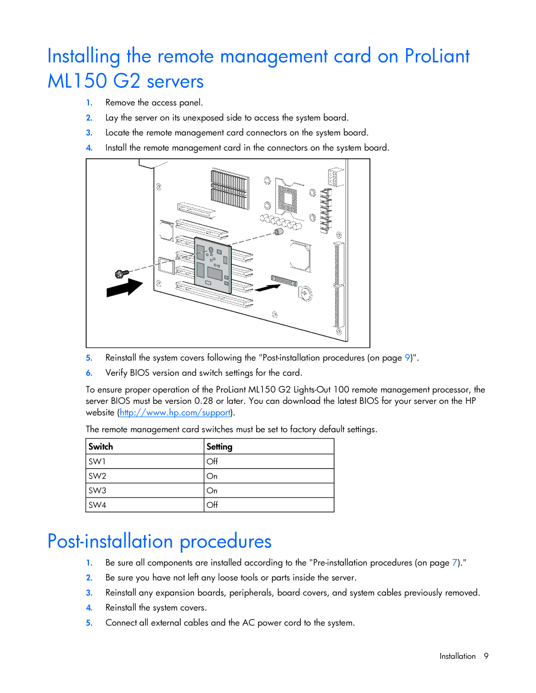 HP 436853-001 manual Post-installation procedures 