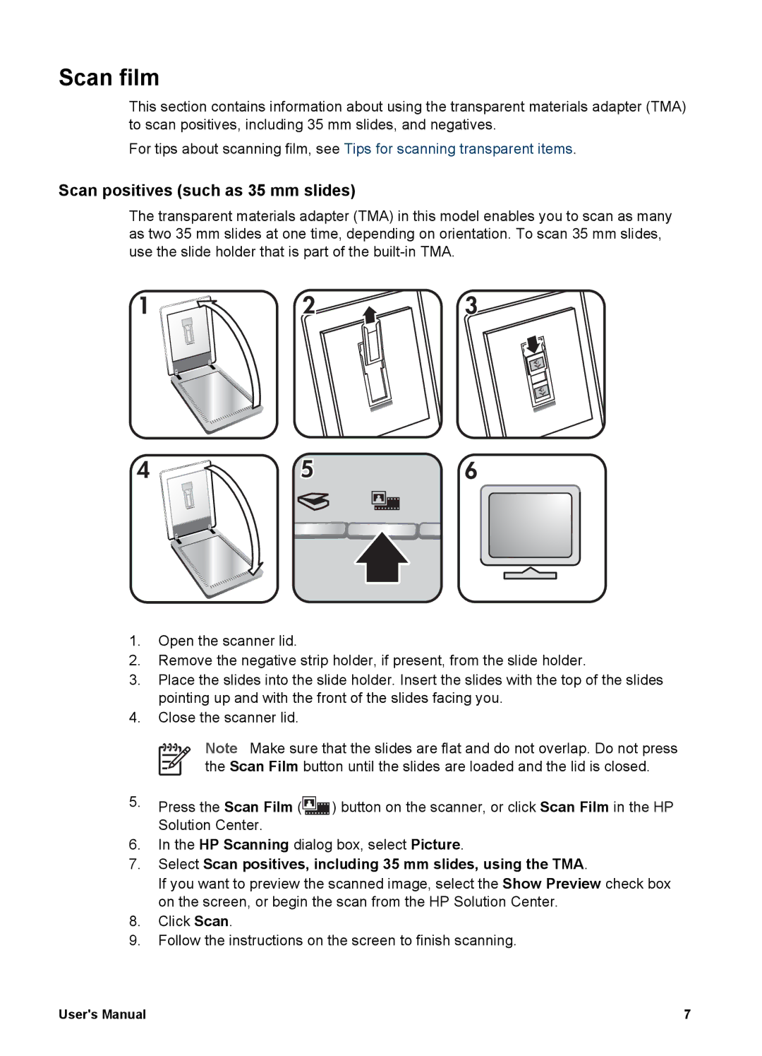 HP 4370 manual Scan film, Scan positives such as 35 mm slides 