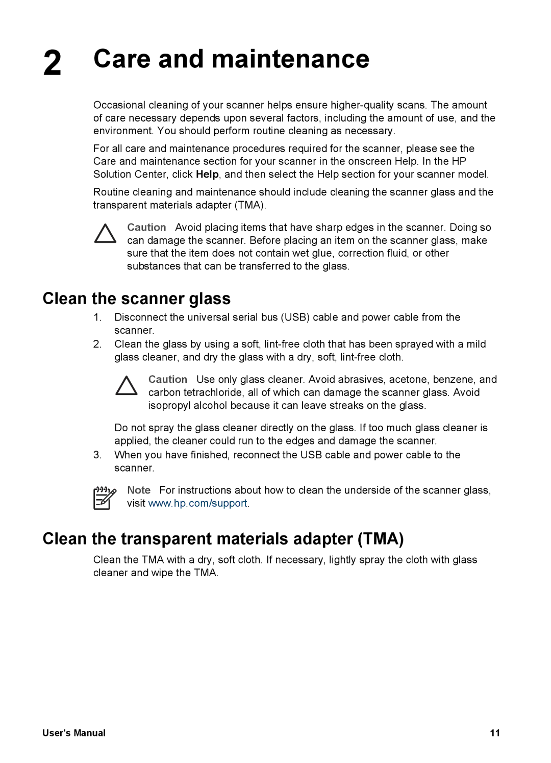 HP 4370 manual Care and maintenance, Clean the scanner glass, Clean the transparent materials adapter TMA 