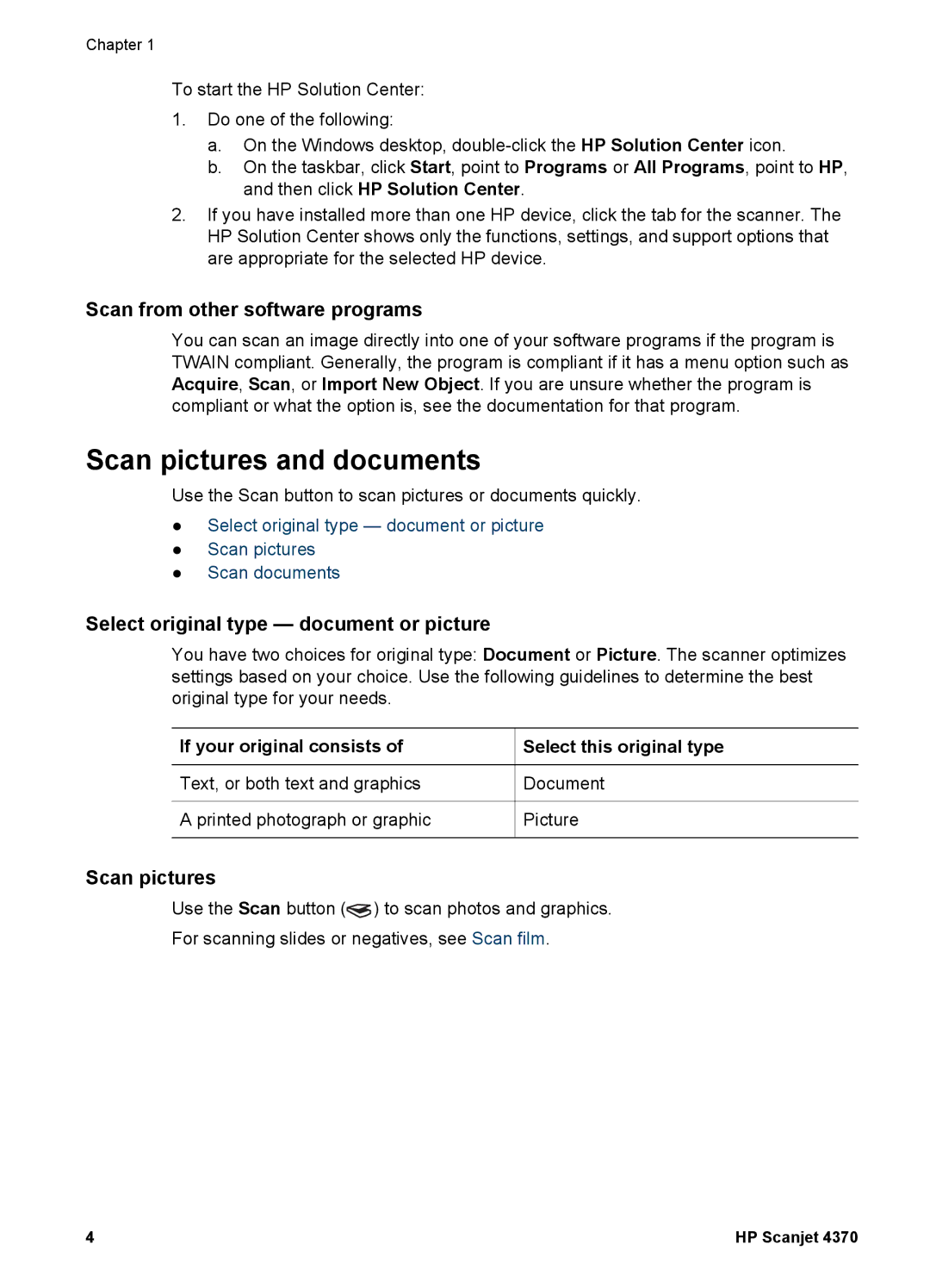 HP 4370 manual Scan pictures and documents, Scan from other software programs, Select original type document or picture 