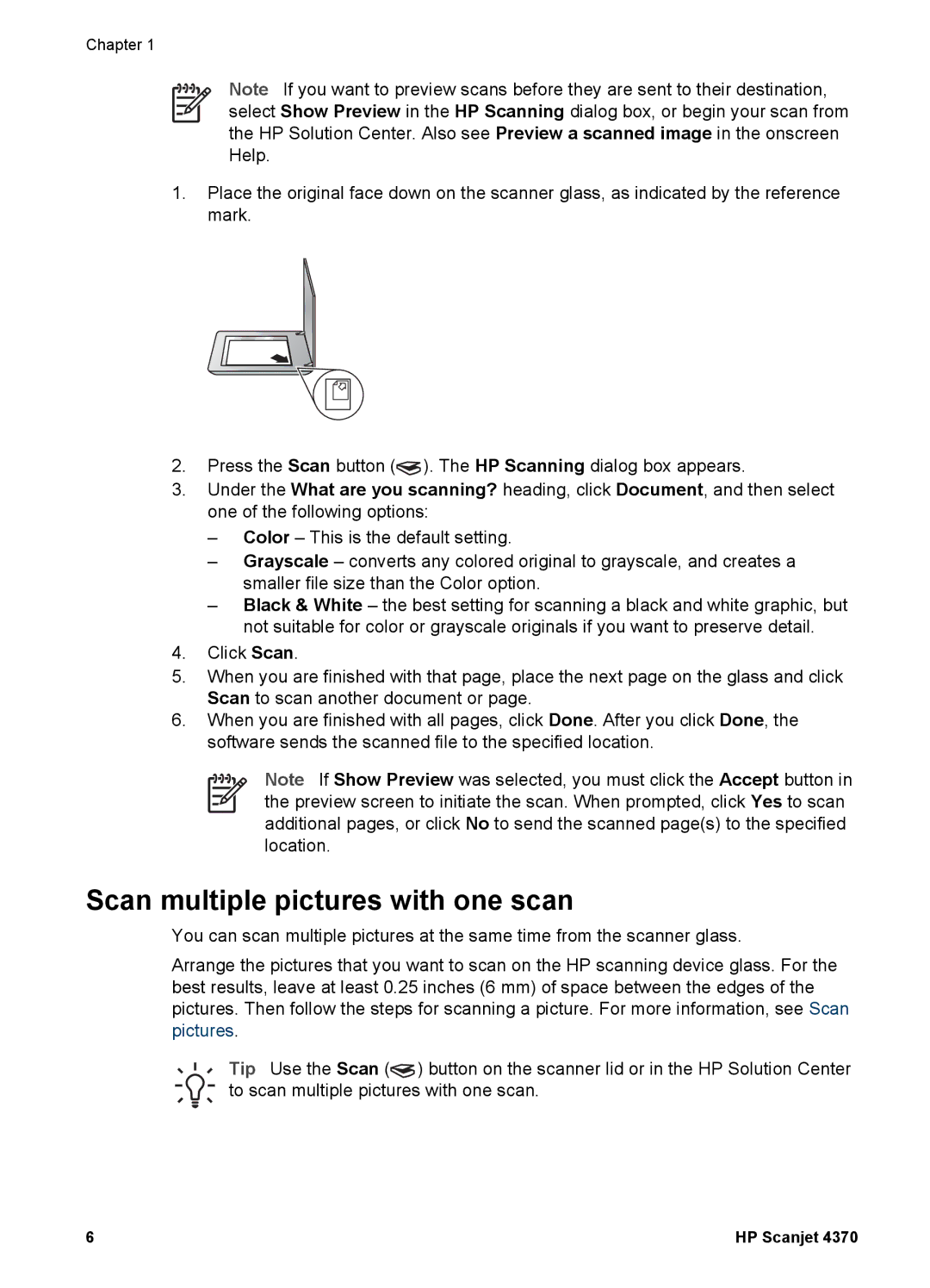 HP 4370 manual Scan multiple pictures with one scan 