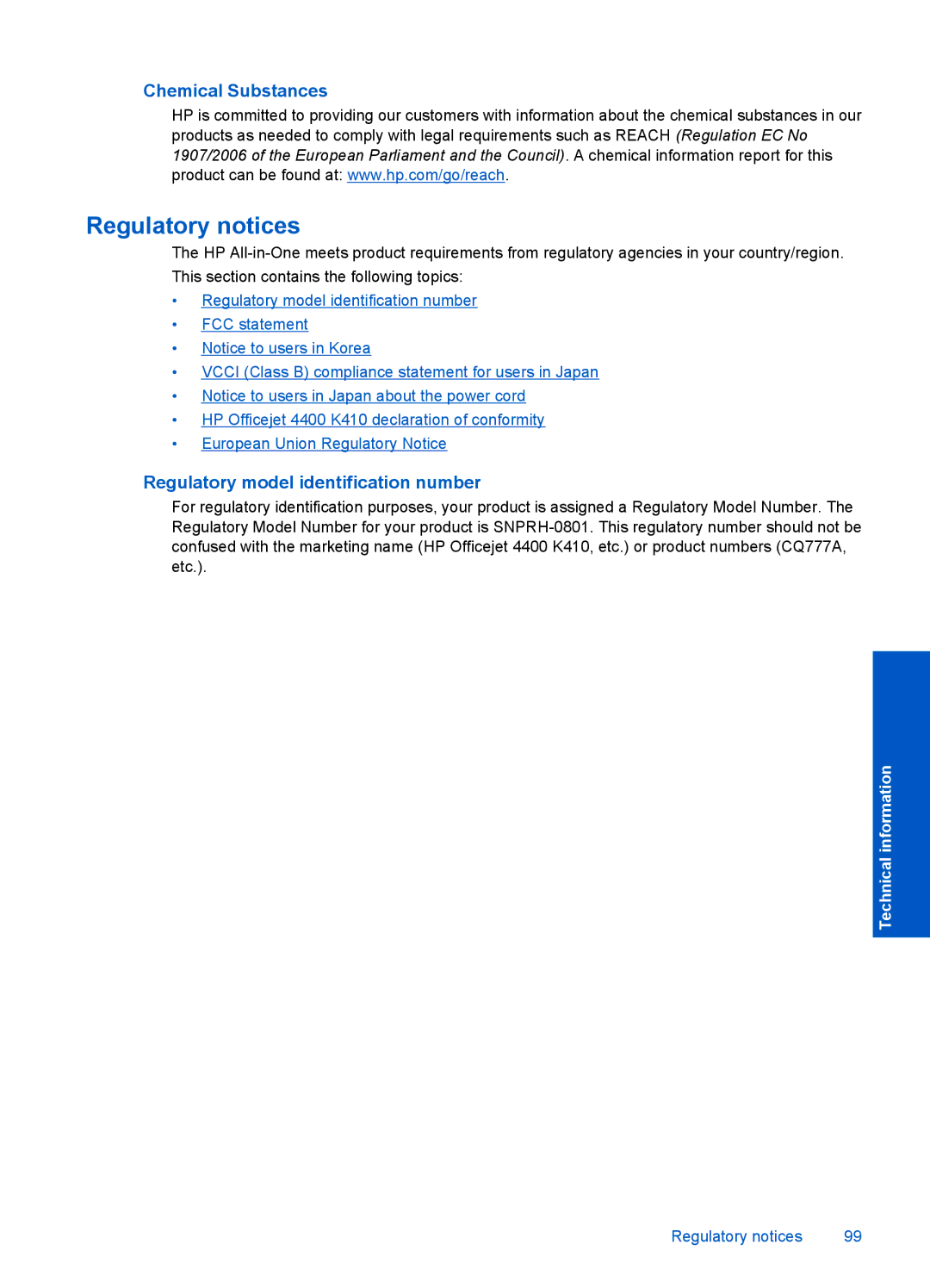 HP 4400 - K4 manual Chemical Substances, Regulatory model identification number 