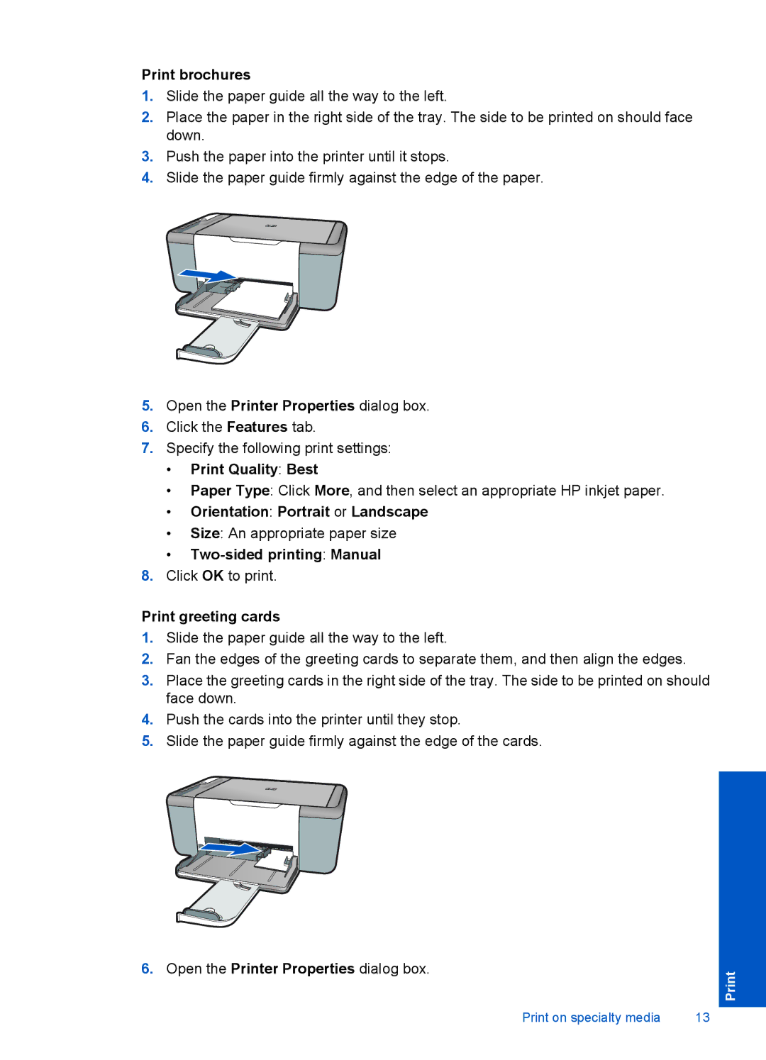 HP 4400 - K4 manual Print brochures, Print Quality Best, Orientation Portrait or Landscape, Two-sided printing Manual 