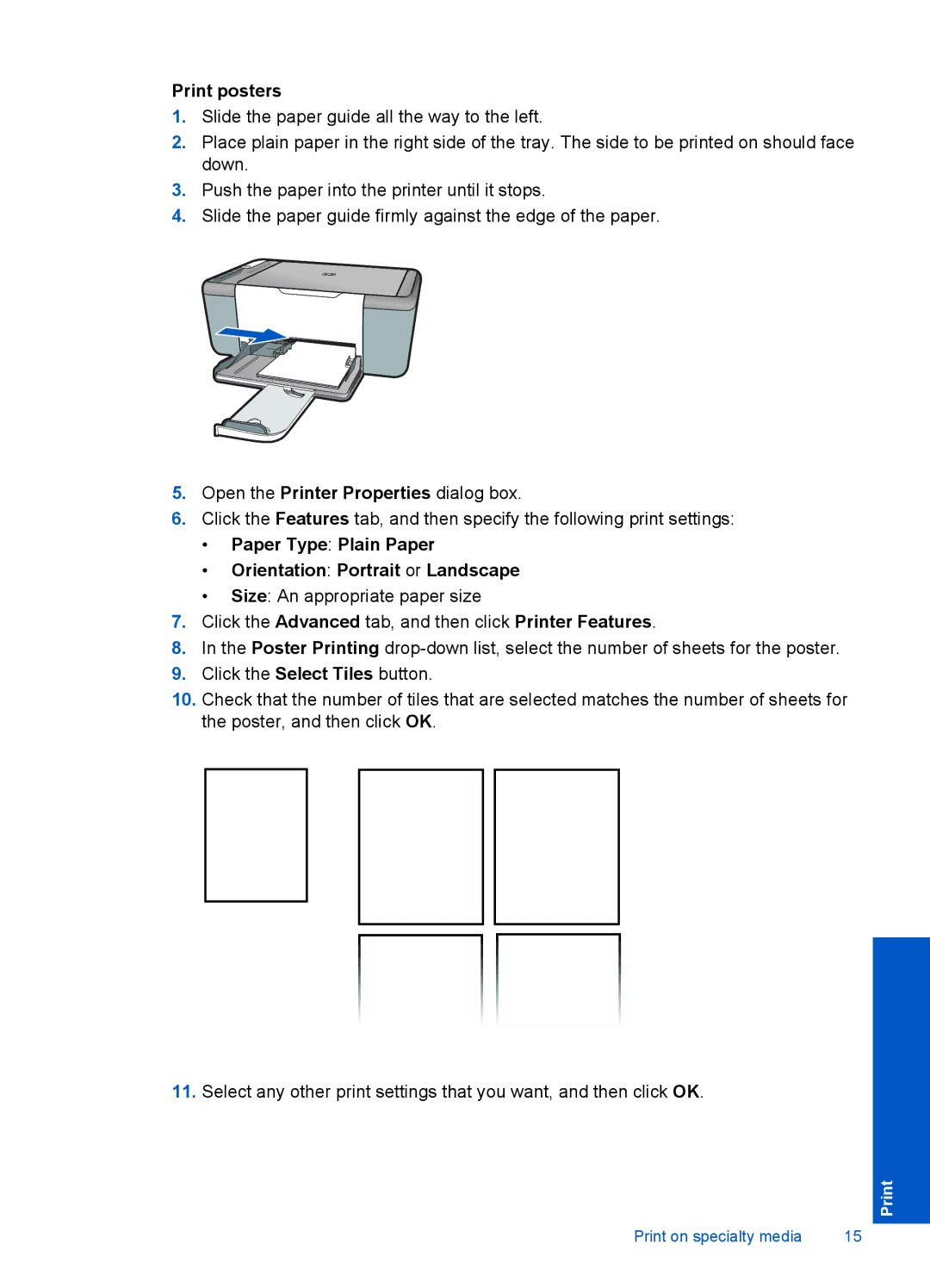 HP 4400 - K4 manual Print posters, Paper Type Plain Paper Orientation Portrait or Landscape 