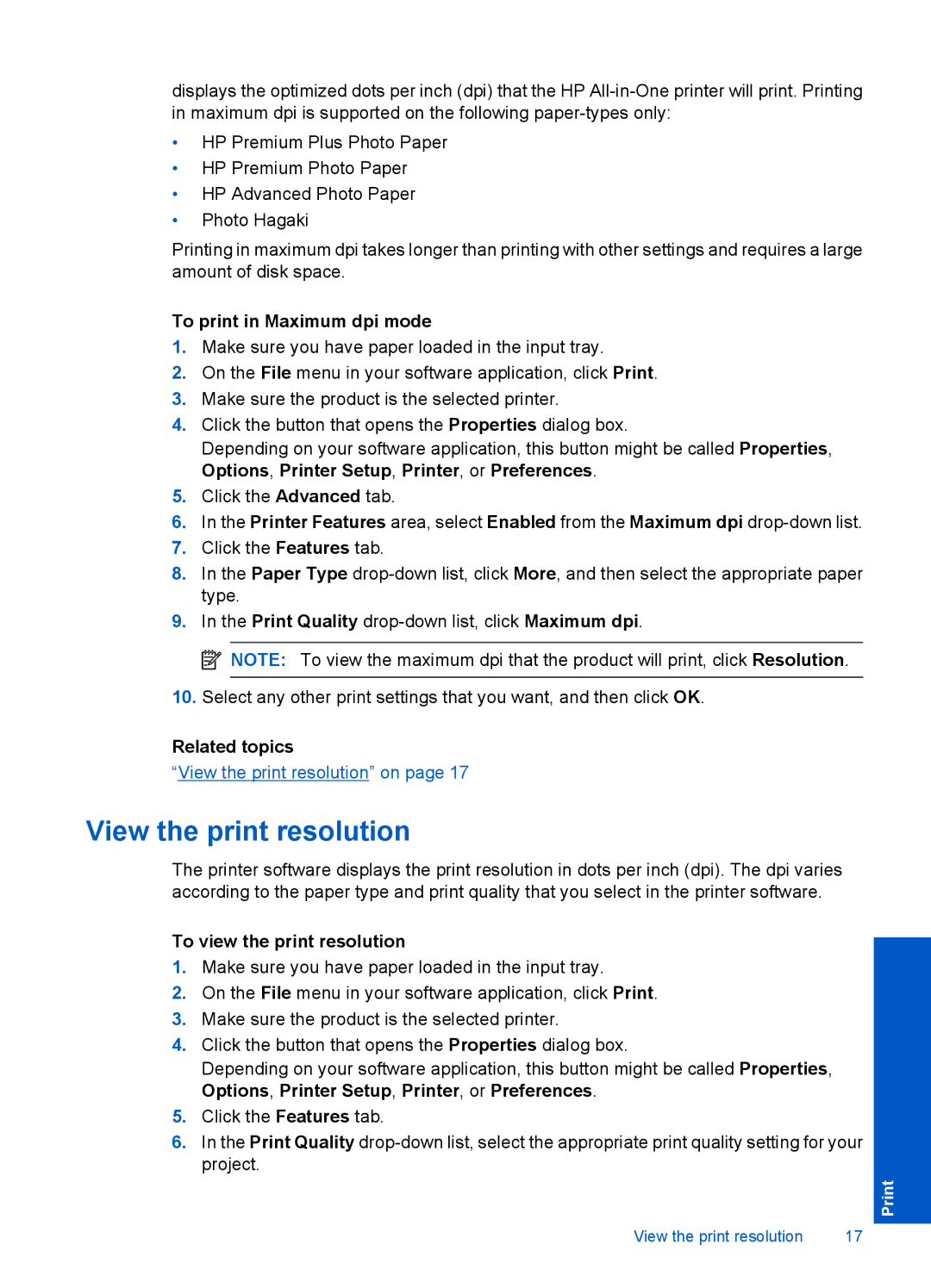 HP 4400 - K4 manual View the print resolution, To print in Maximum dpi mode, To view the print resolution 