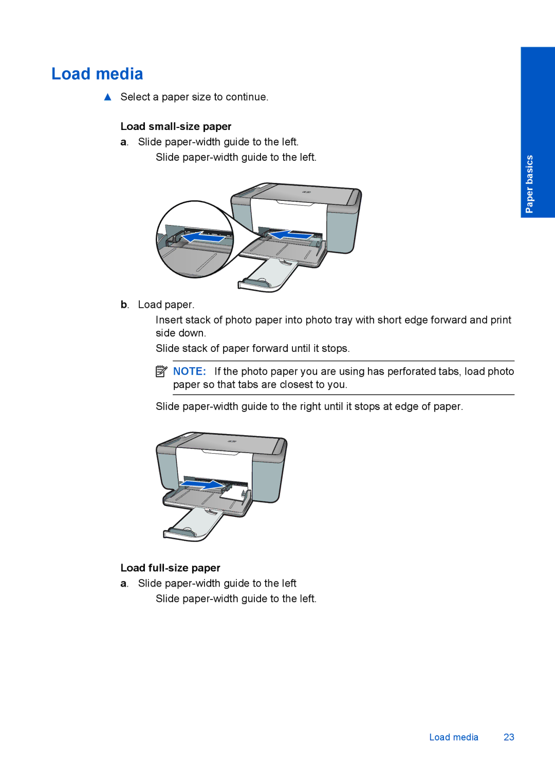 HP 4400 - K4 manual Load media, Load small-size paper, Load full-size paper 