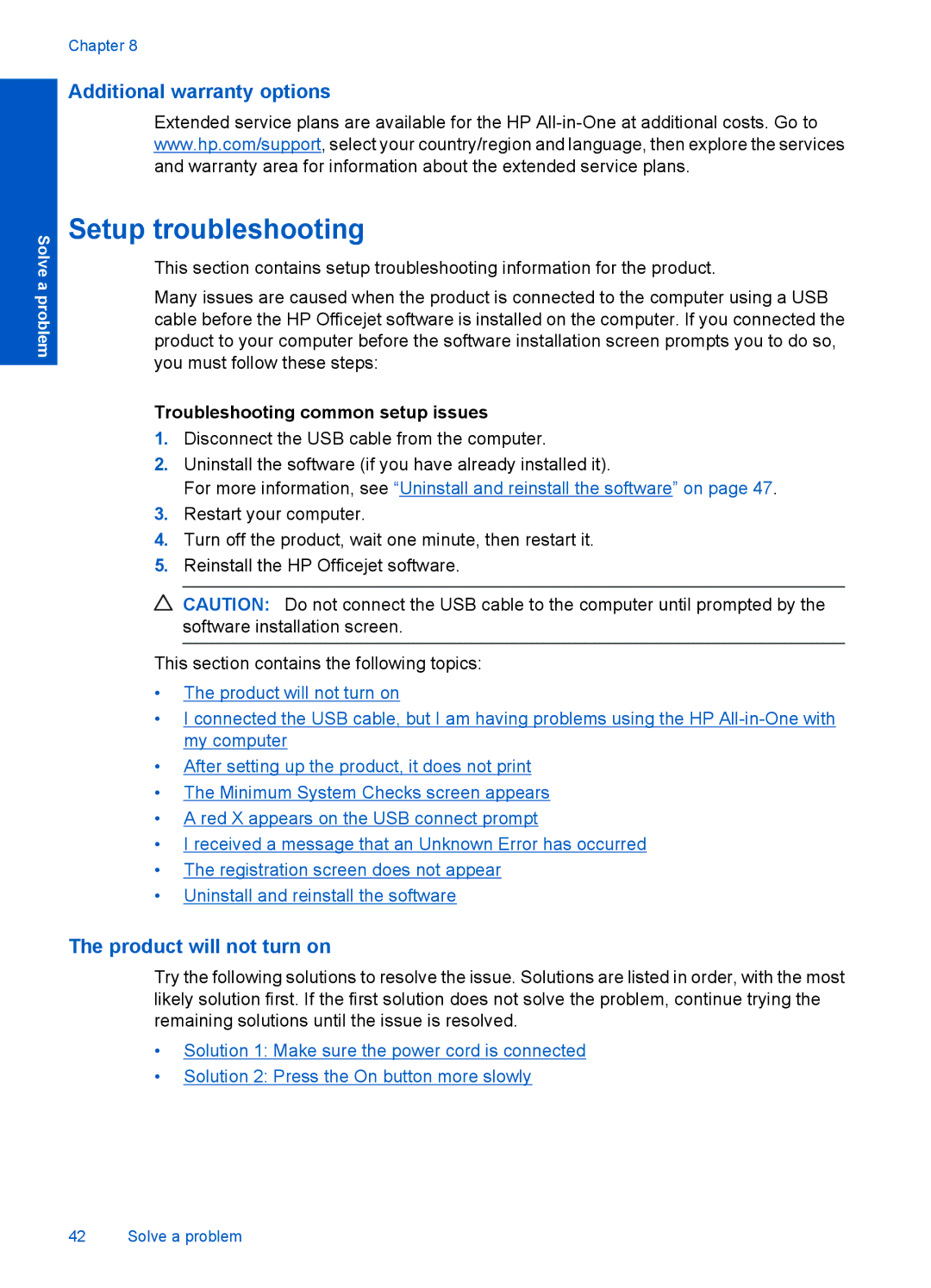 HP 4400 - K4 manual Setup troubleshooting, Additional warranty options, Product will not turn on 