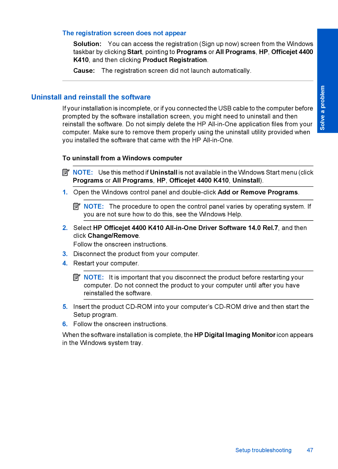 HP 4400 - K4 manual Uninstall and reinstall the software, Registration screen does not appear 