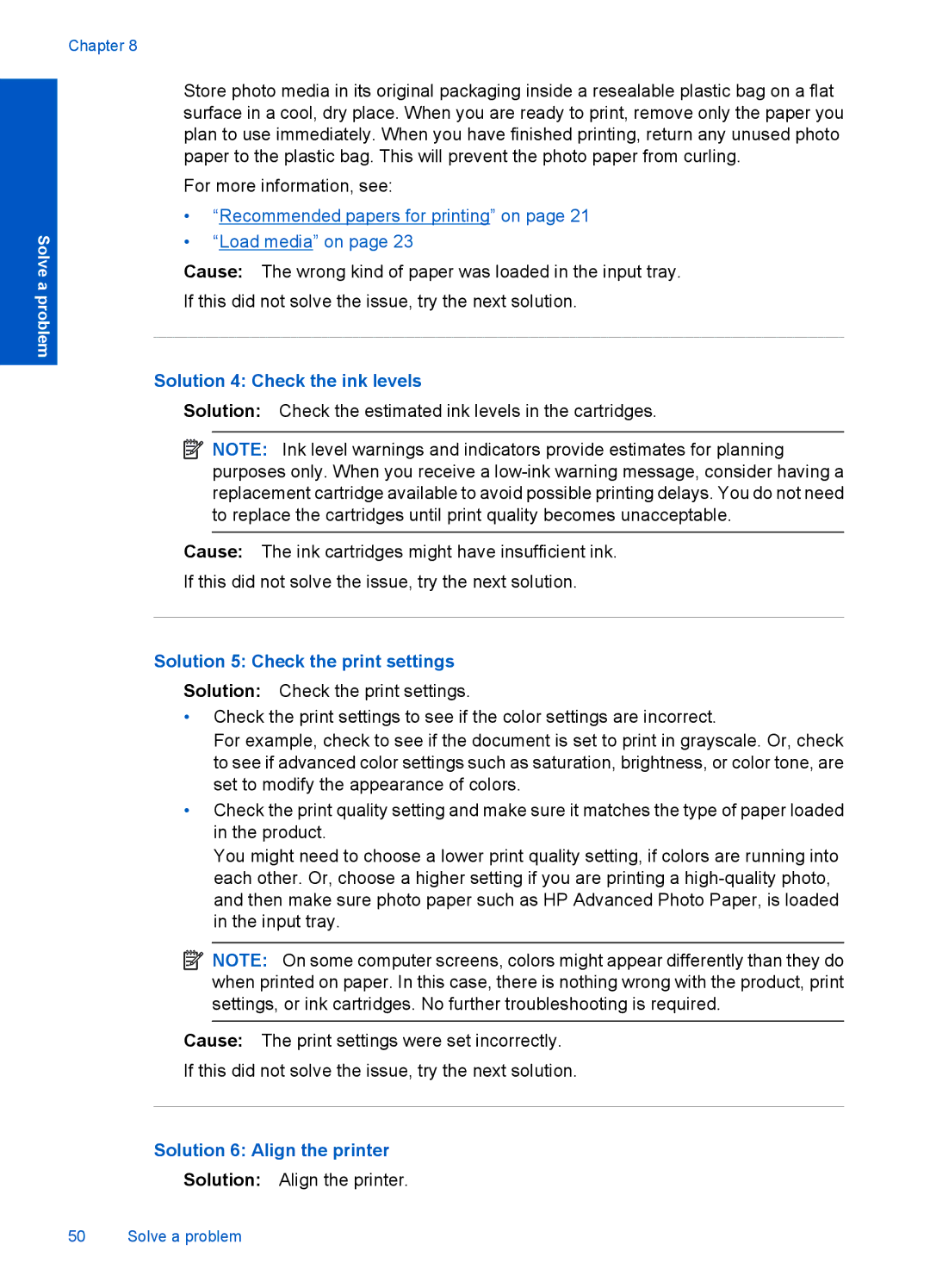 HP 4400 - K4 manual Solution 4 Check the ink levels, Solution 5 Check the print settings, Solution 6 Align the printer 