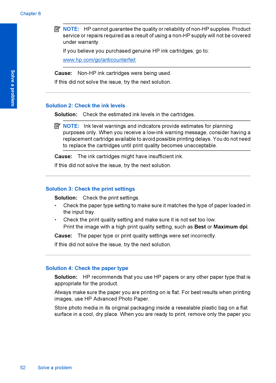 HP 4400 - K4 manual Solution 2 Check the ink levels, Solution 3 Check the print settings, Solution 4 Check the paper type 