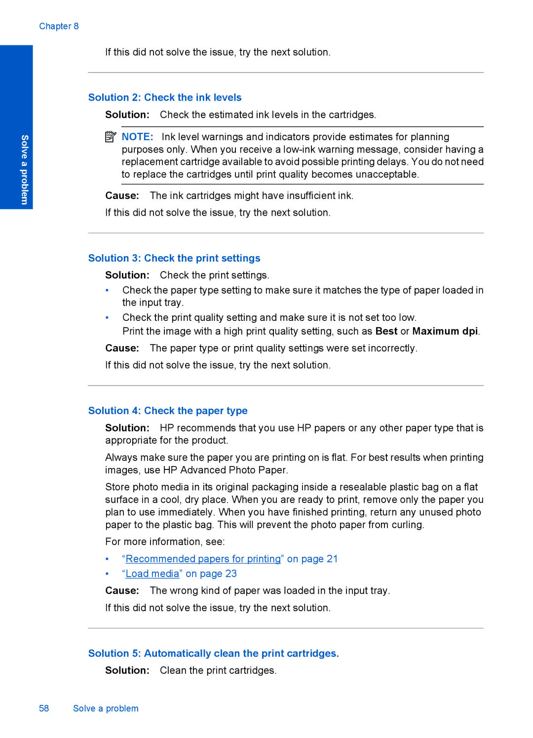 HP 4400 - K4 manual Solution 2 Check the ink levels, Solution 5 Automatically clean the print cartridges 