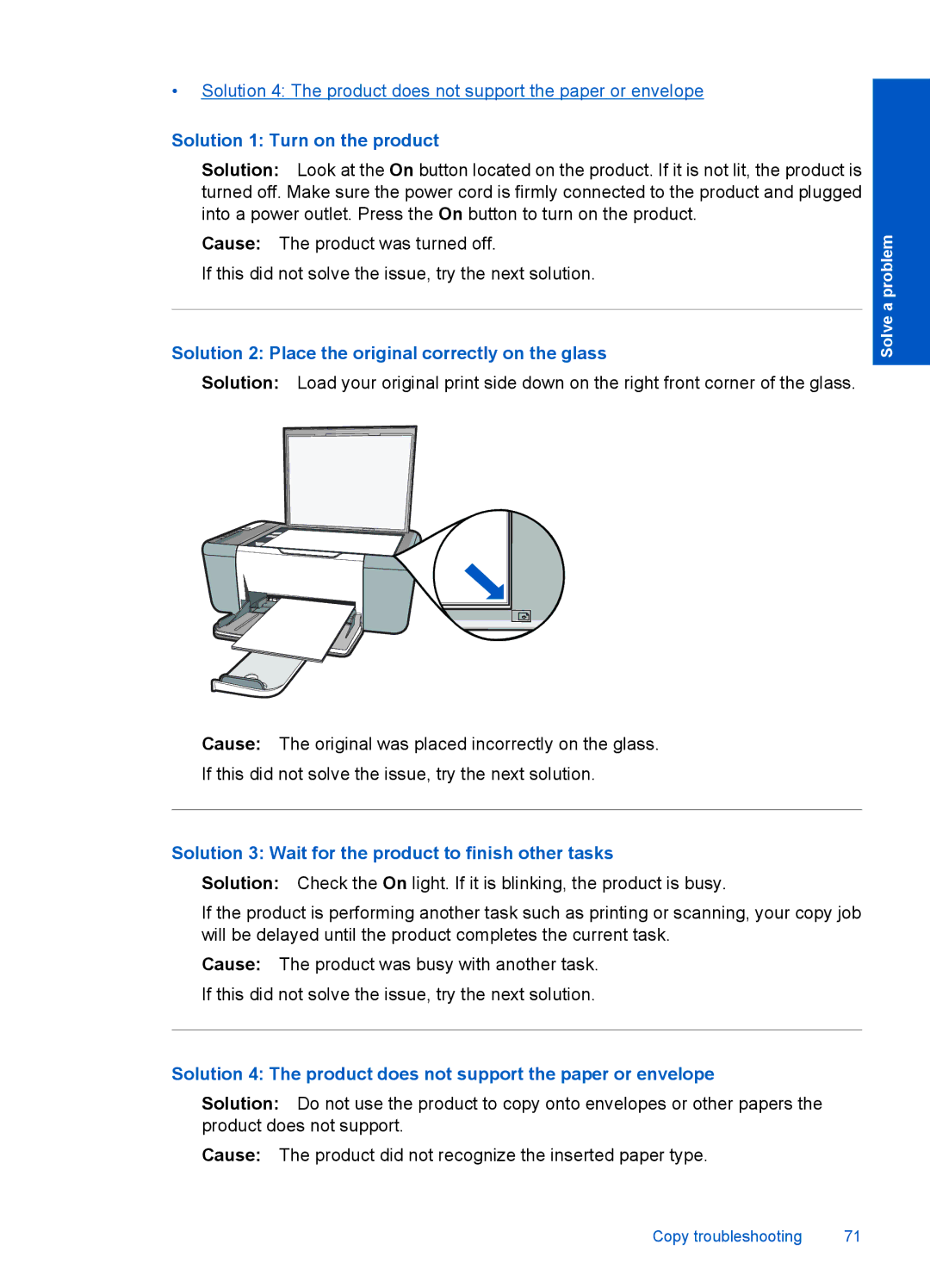 HP 4400 - K4 manual Solution 1 Turn on the product, Solution 2 Place the original correctly on the glass 