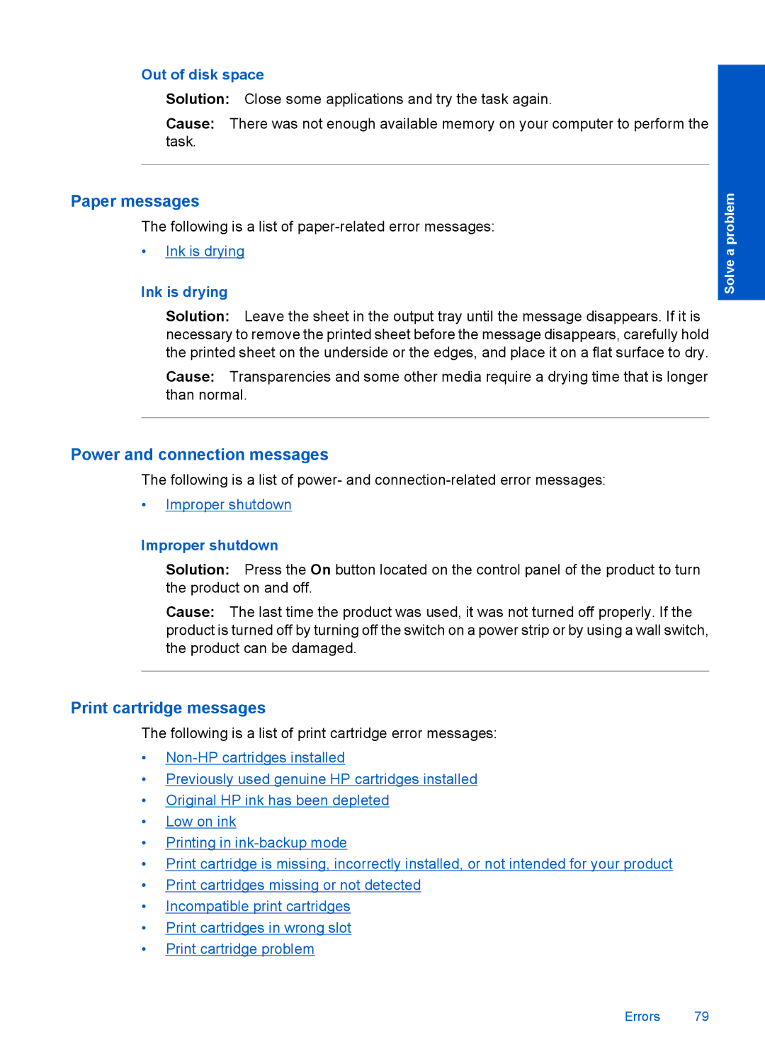 HP 4400 - K4 manual Paper messages, Power and connection messages, Print cartridge messages 