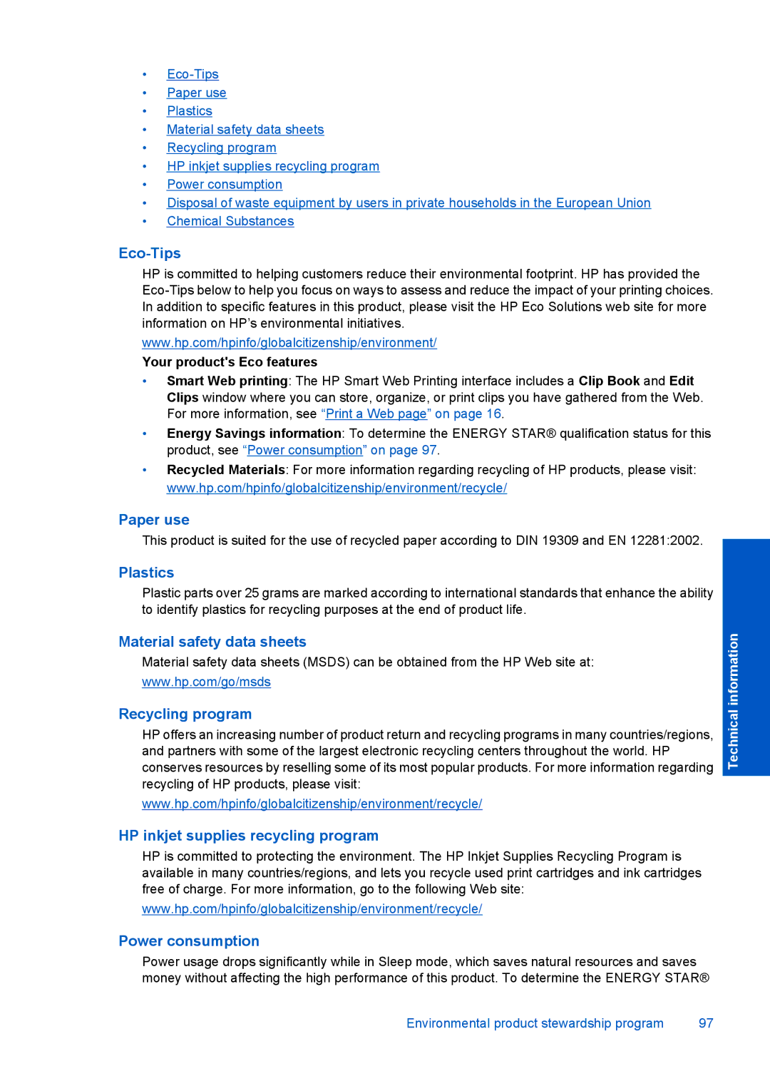 HP 4400 - K4 manual Eco-Tips, Paper use, Plastics, Material safety data sheets, Recycling program, Power consumption 