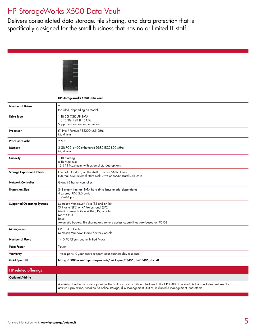 HP X1000, 4400, X5000, X3000, X9000 manual HP StorageWorks X500 Data Vault, HP related offerings 