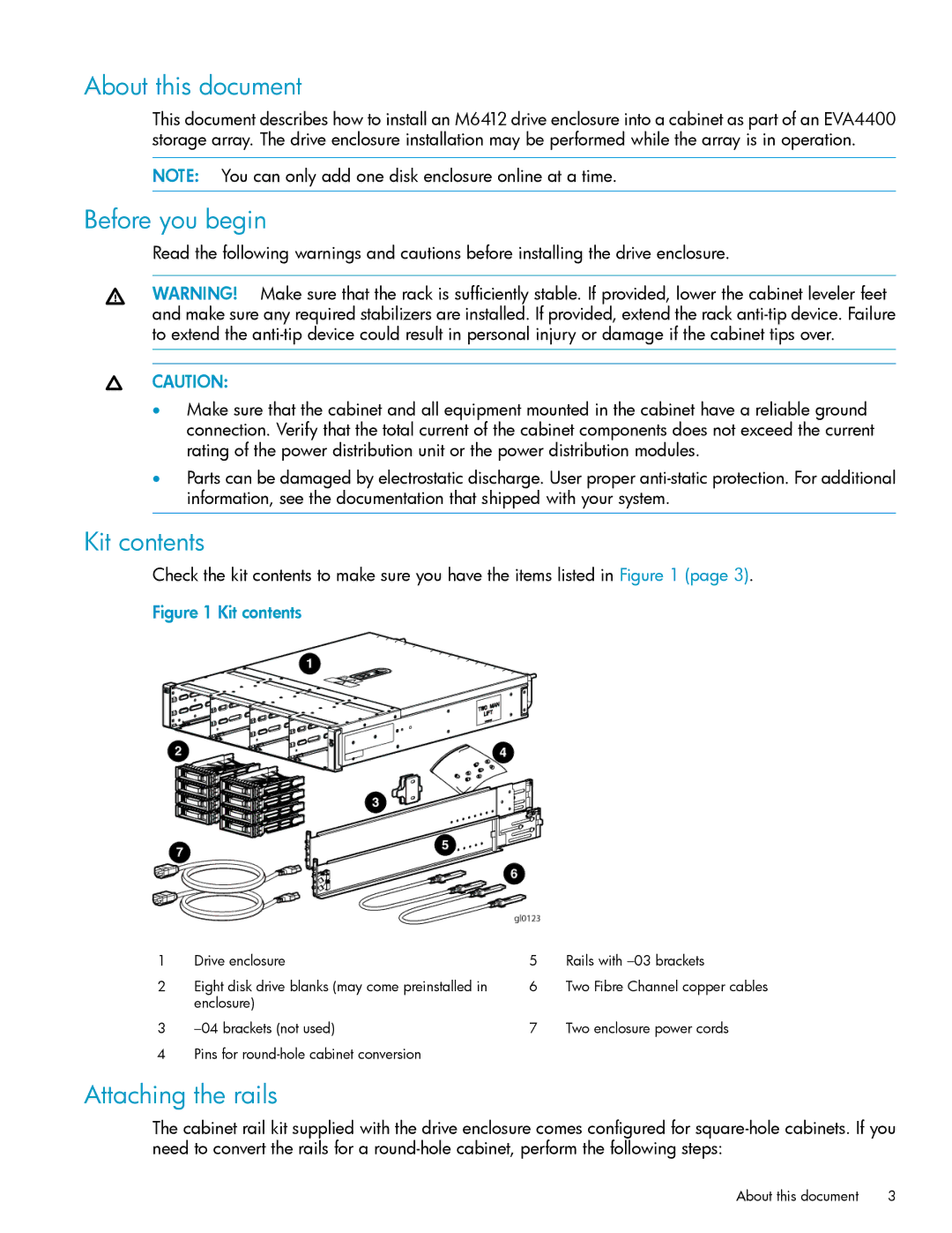 HP 4400 manual About this document, Before you begin, Kit contents, Attaching the rails 