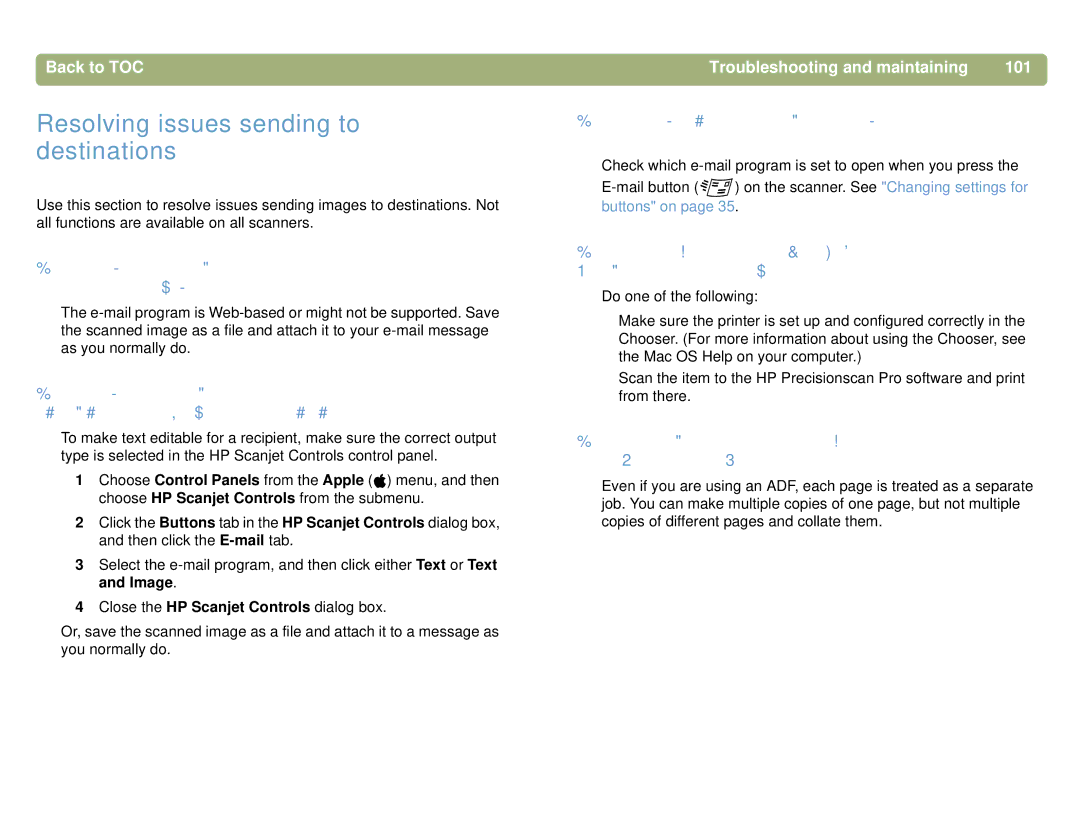 HP 5400C, 4400C manual Resolving issues sending to destinations, Troubleshooting and maintaining 101 