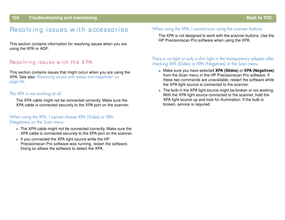 HP 4400C, 5400C manual Resolving issues with accessories, Resolving issues with the XPA, XPA is not working at all 
