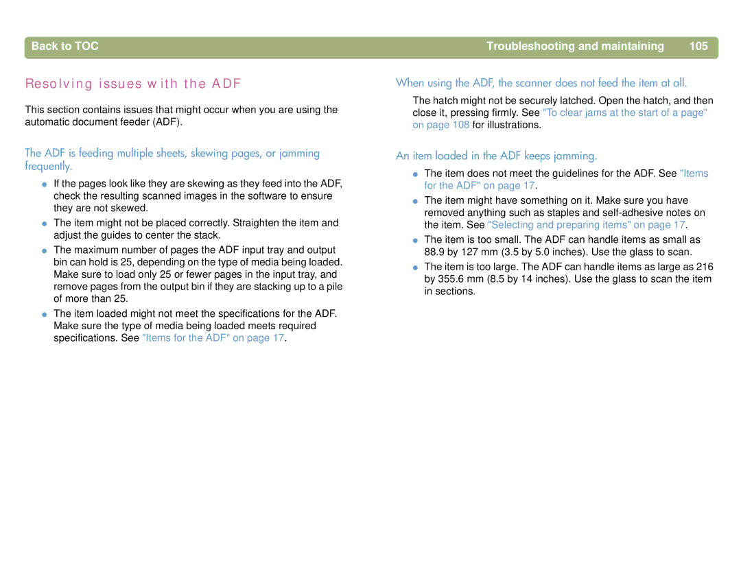 HP 5400C manual Resolving issues with the ADF, Troubleshooting and maintaining 105, An item loaded in the ADF keeps jamming 