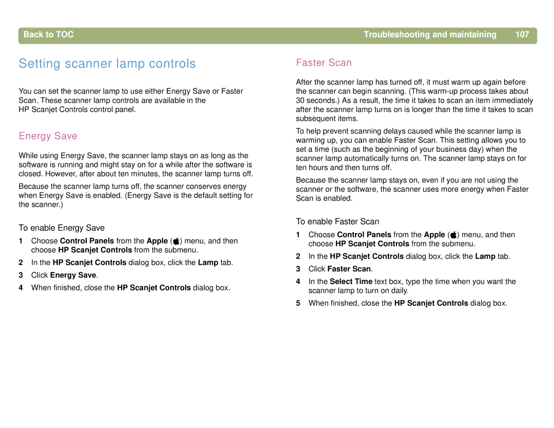 HP 5400C, 4400C manual Setting scanner lamp controls, Energy Save, Faster Scan, Troubleshooting and maintaining 107 