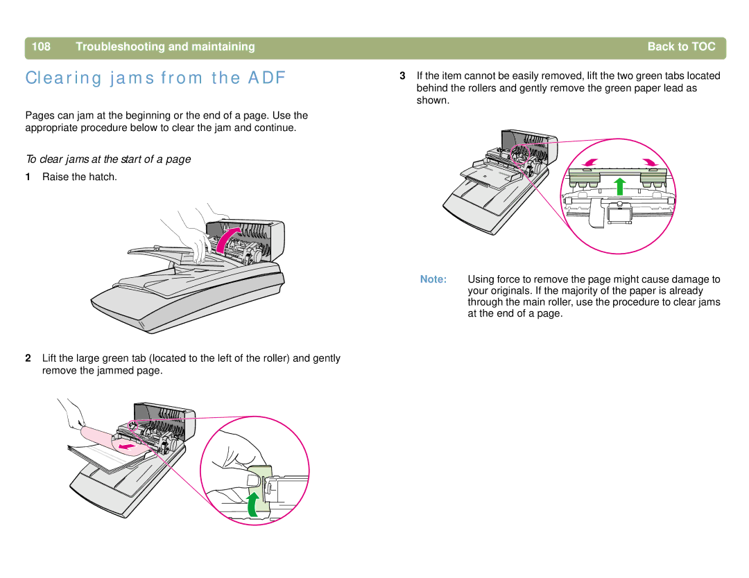 HP 4400C, 5400C manual Clearing jams from the ADF, To clear jams at the start of a 